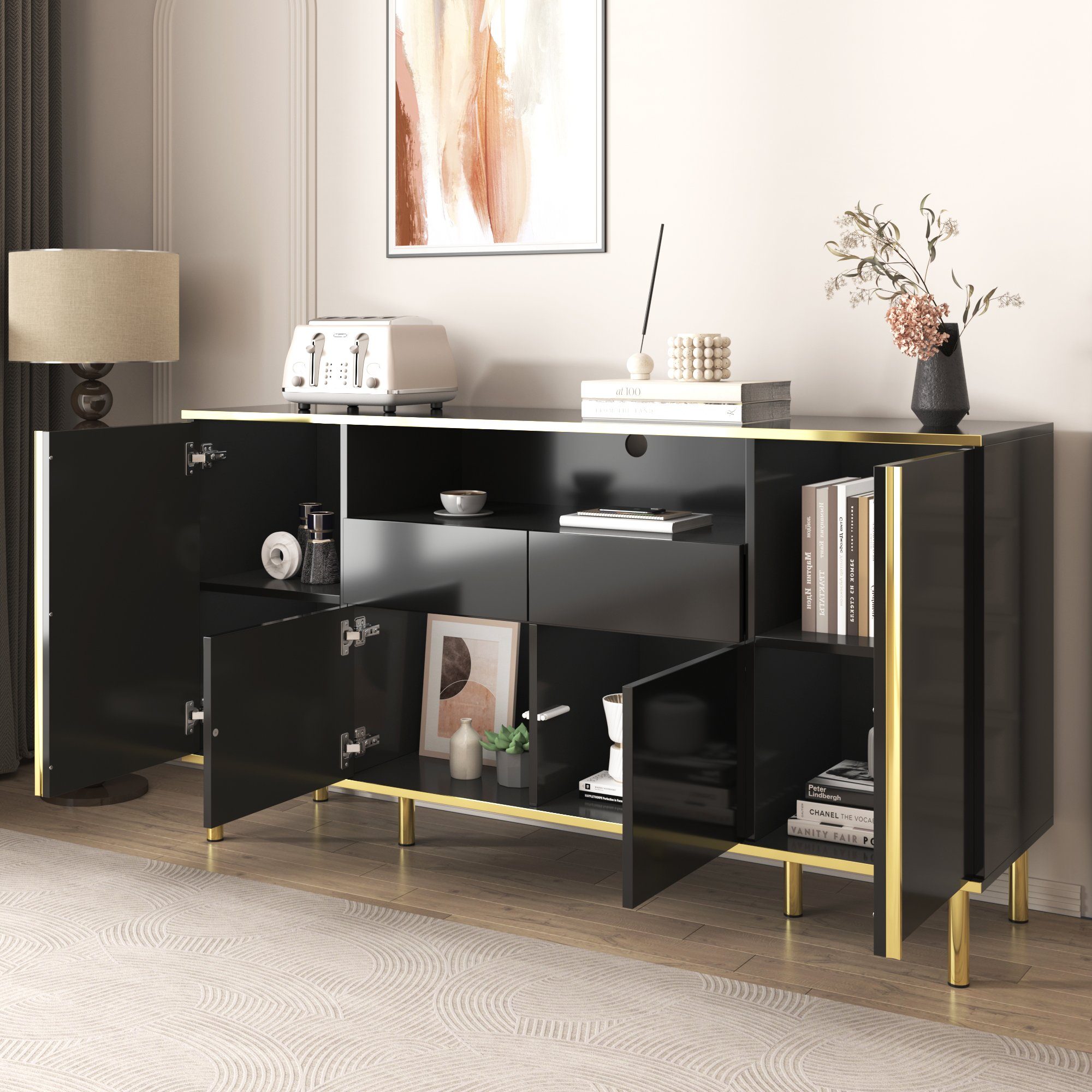 Merax Sideboard, hochglanz mit LED, Kommode mit goldenen Rahmen, Anrichte, Breite 150cm
