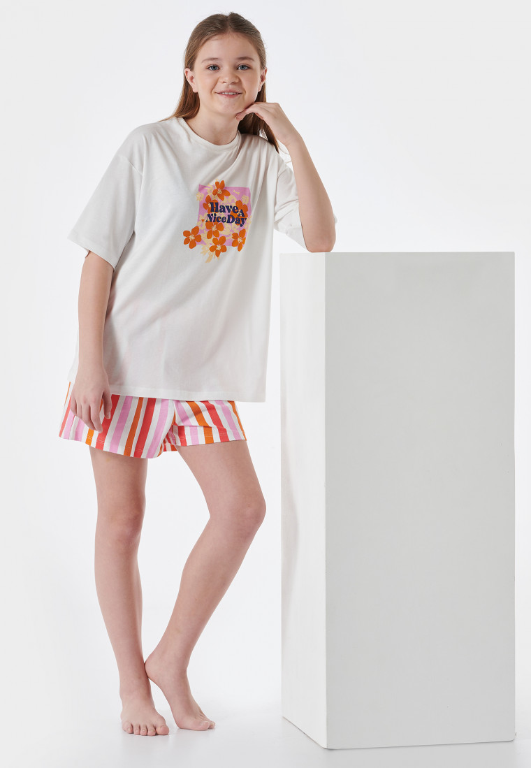 Schlafanzug kurz Organic Cotton Streifen Blumen off-white - Nightwear