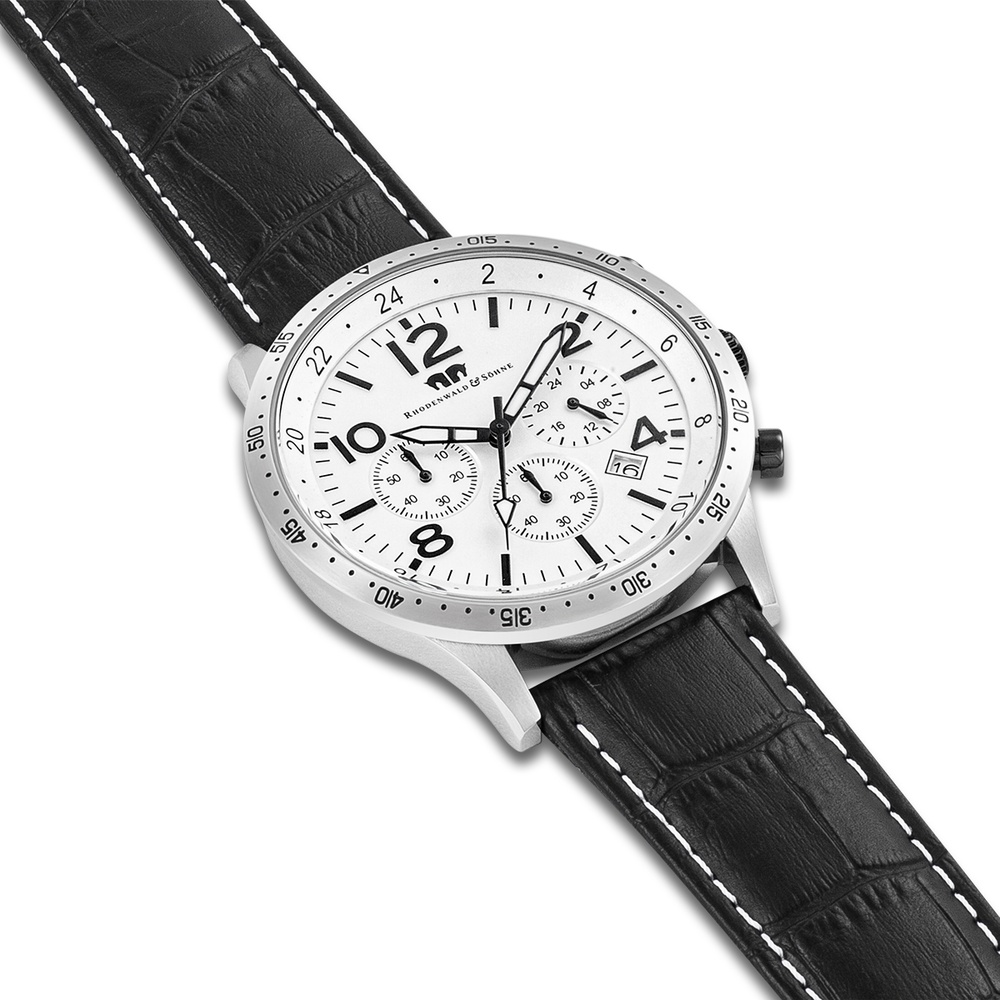 Rhodenwald & Söhne Chronographe Flight Captain en Argent Cuir véritable en Noir Montre