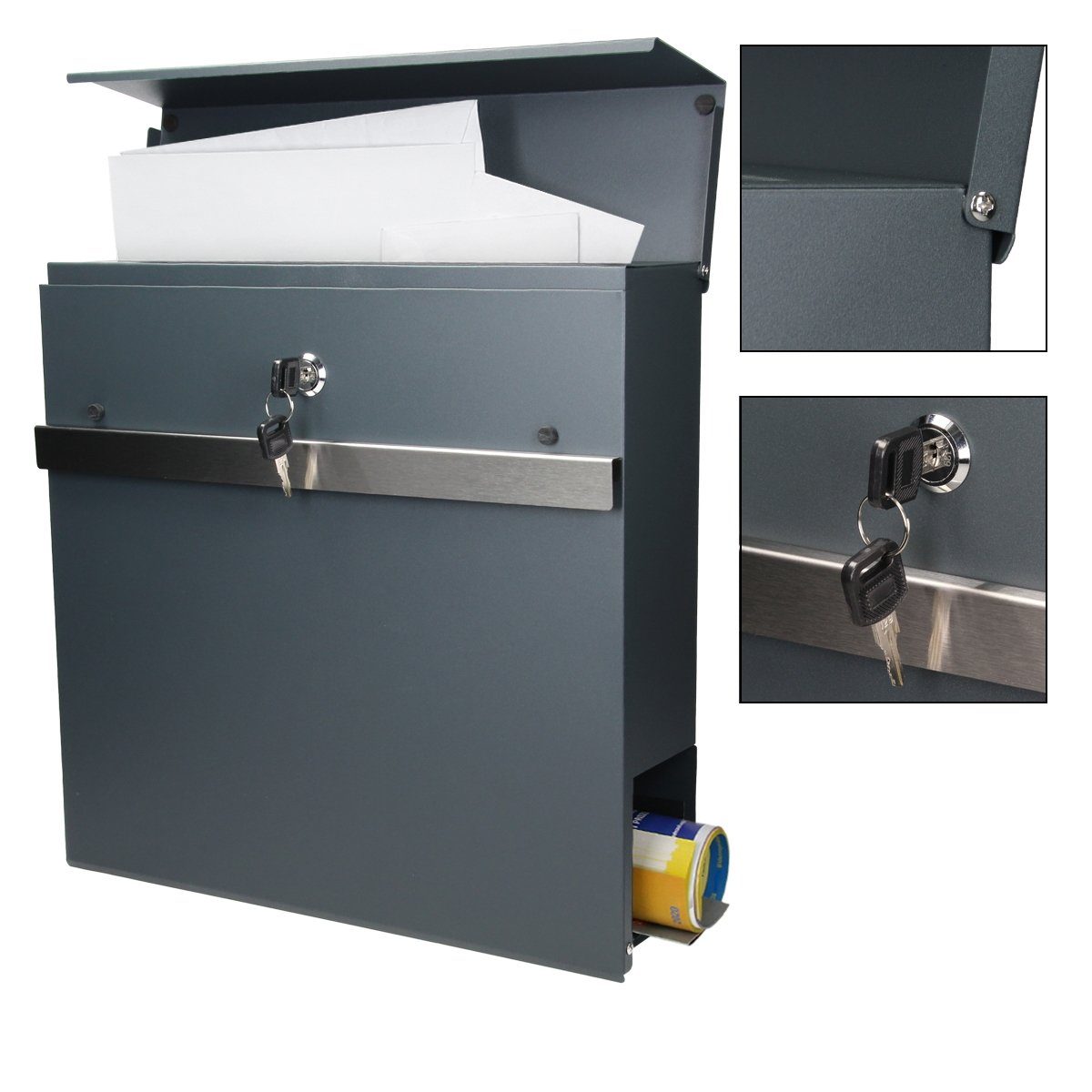 ECD Germany Briefkasten Designbriefkasten mit Zeitungsfach Wandbriefkasten Postkasten Mailbox, Modern 37x11x36,5cm Stahl Anthrazit-Grau 2 Schlüssel Montagematerial