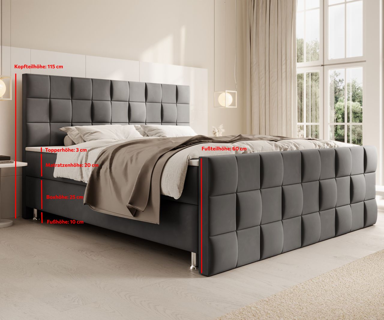 IHG Boxspringbett Tarifa 180x200cm Velour Anthrazit / SL 3 / Deren 11
