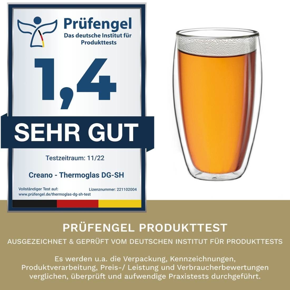 Creano Teeglas Doppelwandiges Thermoglas 400ml „DG-SH“, Borosilikatglas, 2 Gläser