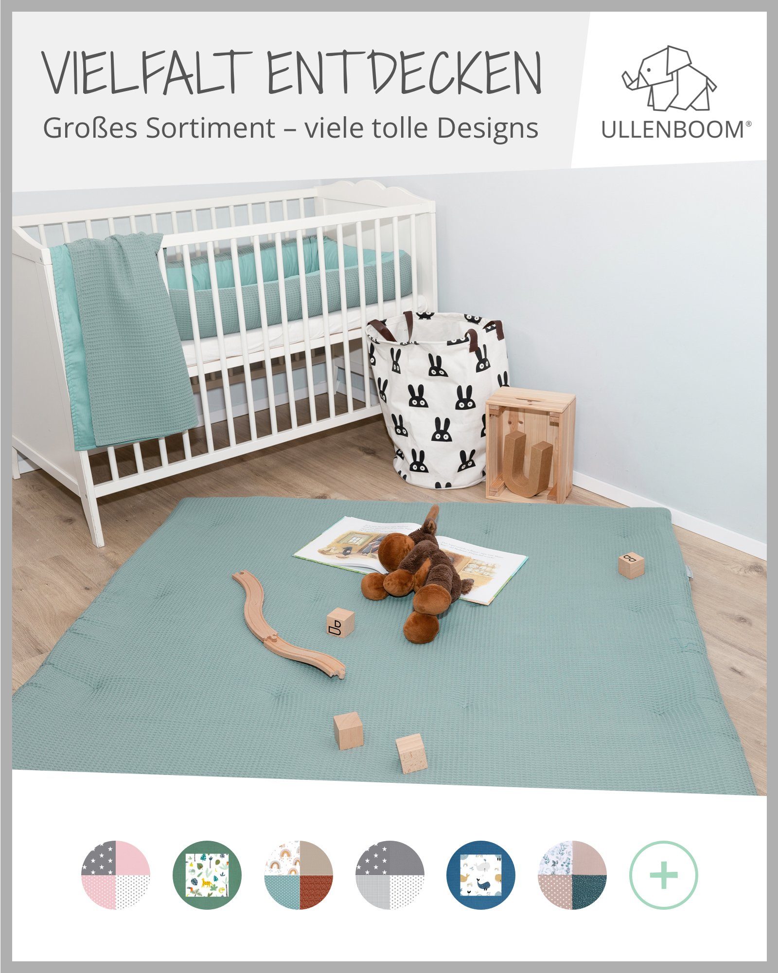 Krabbeldecke Baby Krabbeldecke 100x100 cm Salbeigrün (Made in EU), ULLENBOOM ®, Dick gepolstert, Außenstoff 100% Baumwolle, Waffelpiquè