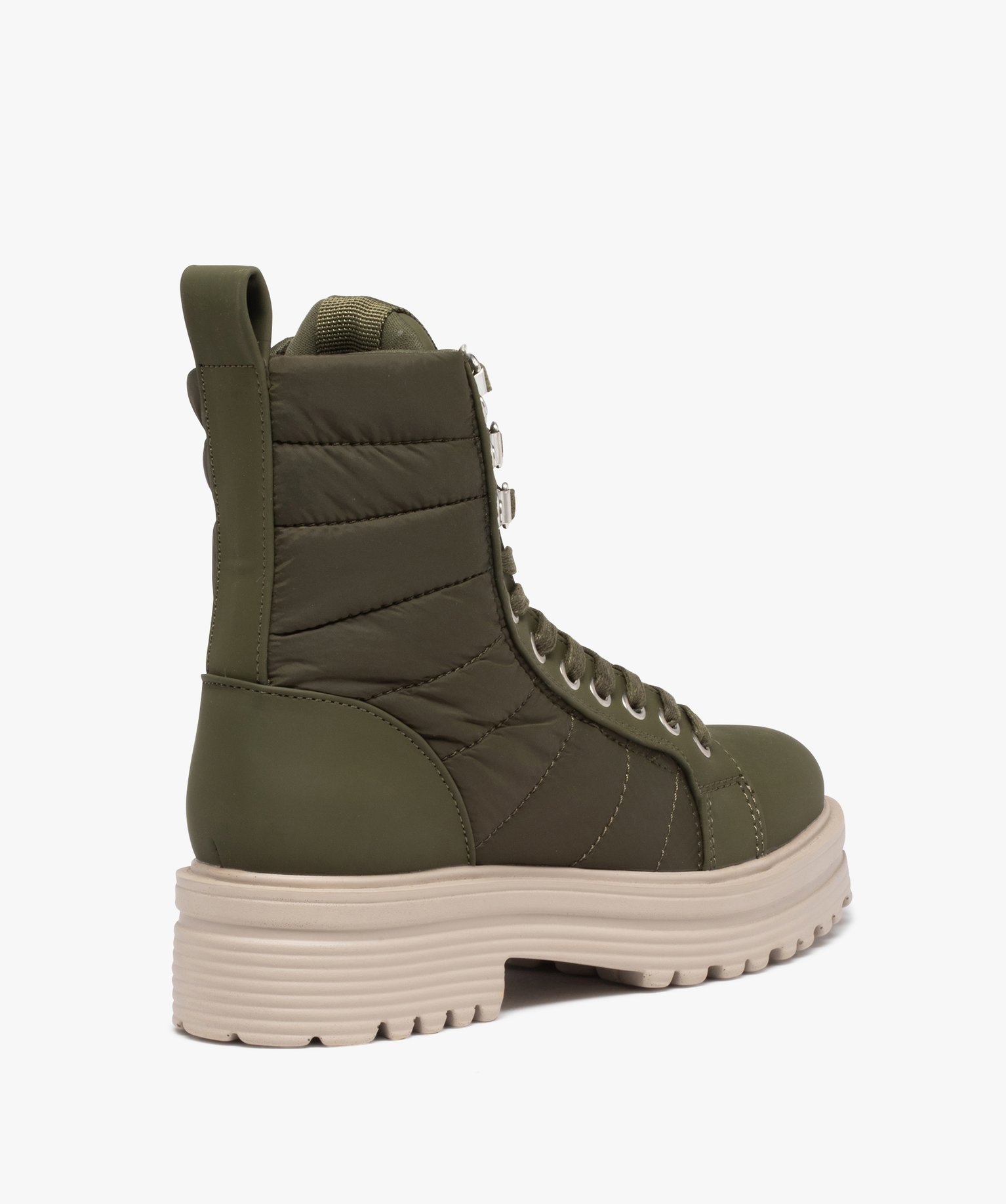 Bottines femme à lacets dessus textile matelassé kaki | GEMO
