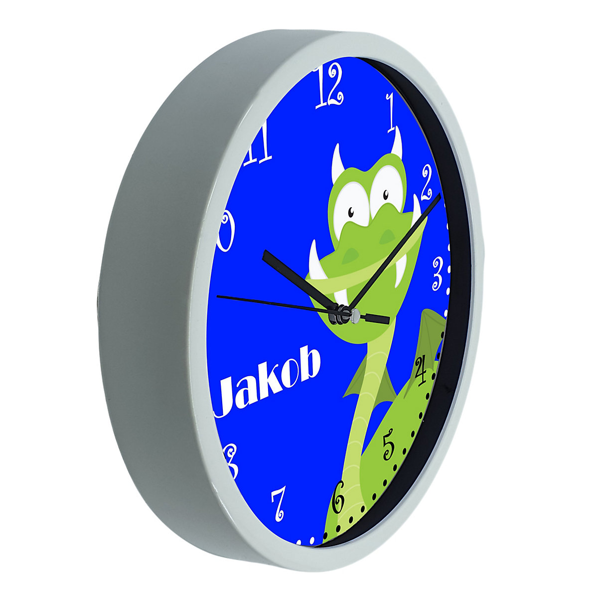 Kinder Wanduhr laufruhig personalisiert mit Name Drache grün