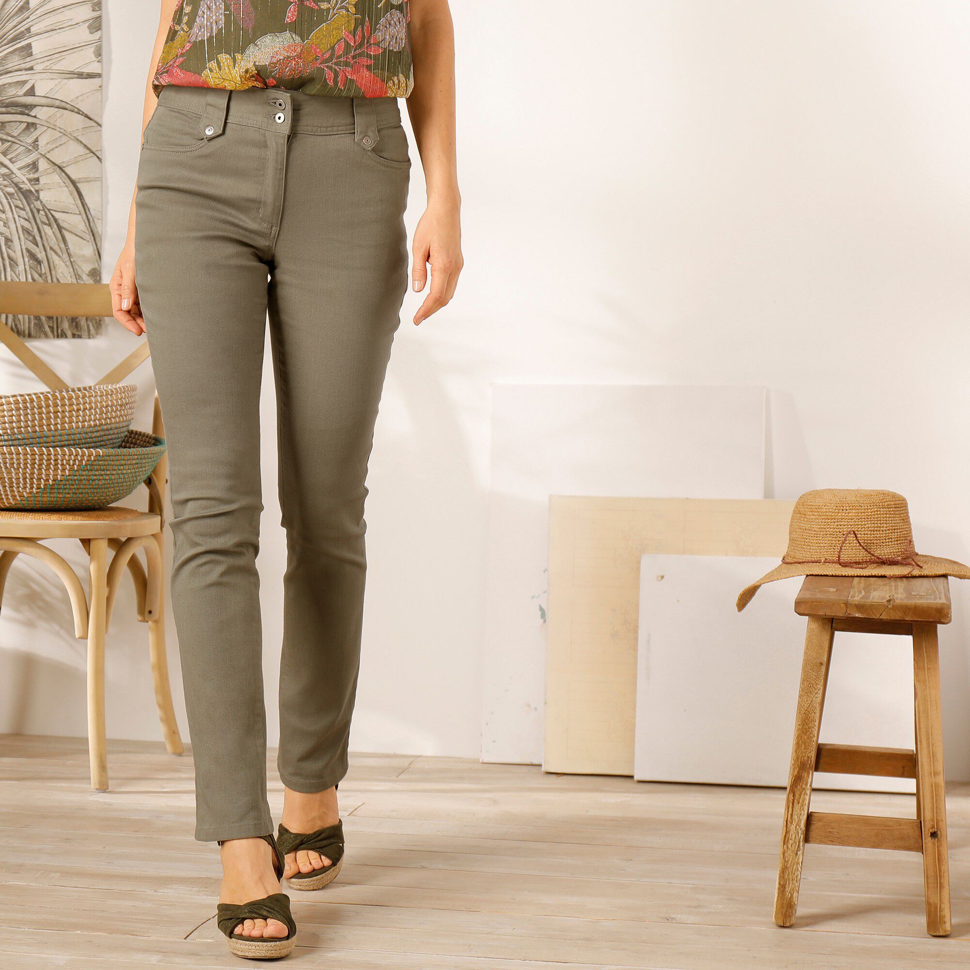 Pantalon droit taille haute effet denim