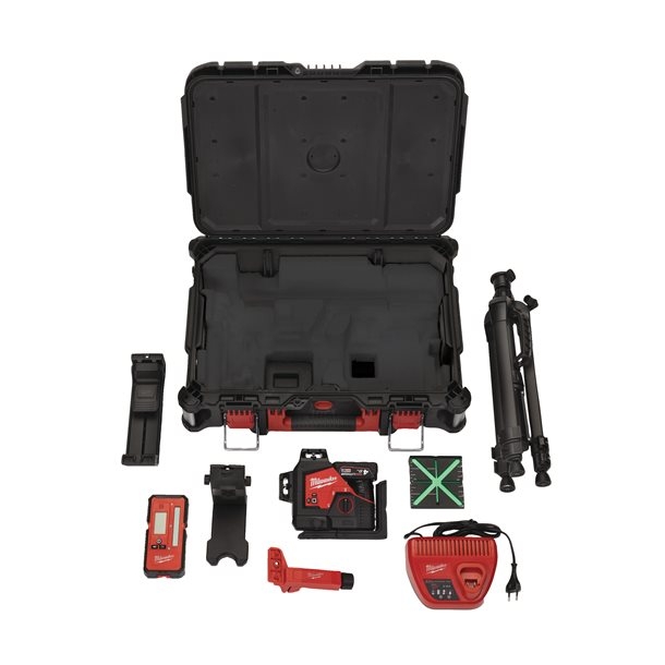 Milwaukee 4933478960 M12 3PLKIT-401P Kreuzlinienlaser mit 3 grünen 360°-Laserkreisen, 12 V 4,0 Ah Li-Ion-Akku