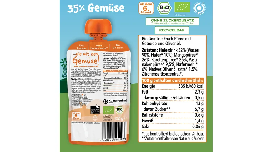 pumpkin organics Bio Quetschie: Mango, Karotte, Pastinake, Hafer 100 g