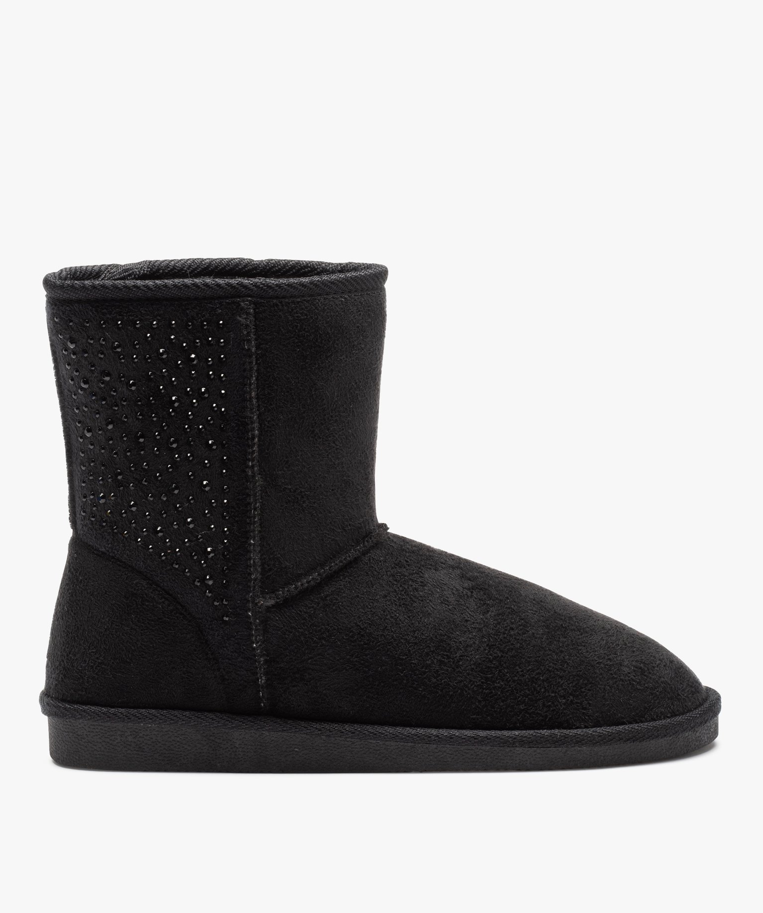 Boots fourrées femme à talon plat dessus suédine et strass noir | GEMO