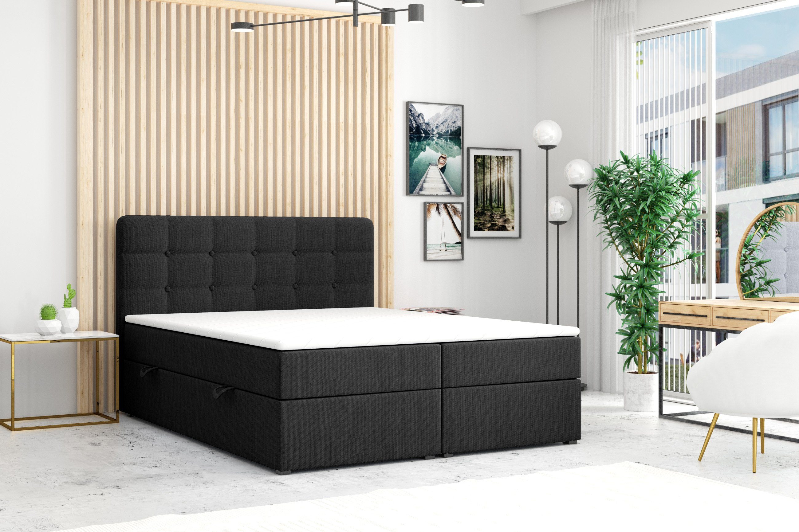 Möbel Punkt Boxspringbett Prag Grau Schwarz mit VISCO TOPPER (180 x 200 cm), mit Bettkasten, Chesterfield - Optik, inkl. Topper