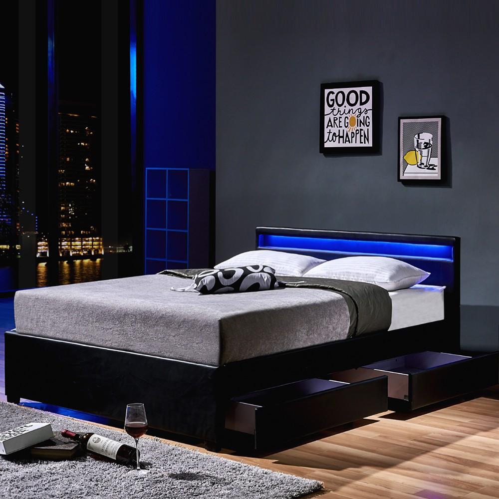 Home Deluxe LED Bett NUBE mit Schubladen 180 x 200 Schwarz