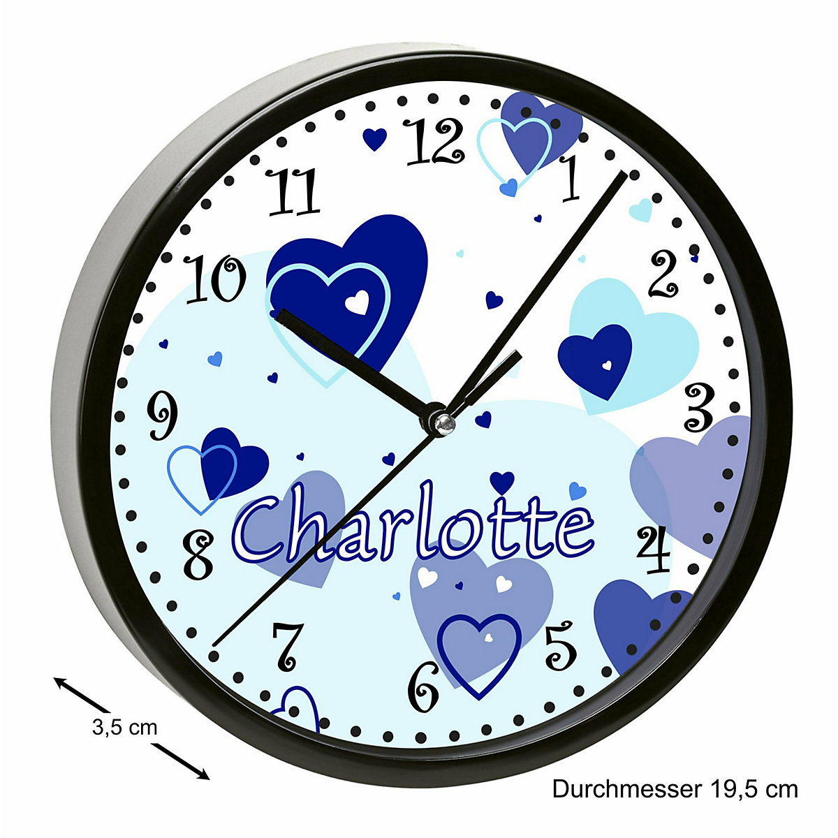Kinder Wanduhr personalisiert mit Name Herz Blau