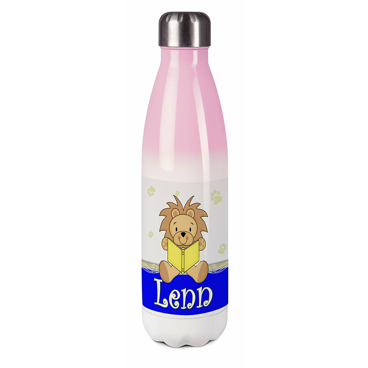 Edelstahl Kinder Thermoflasche / Trinkflasche bunt Leselöwe Farbe blau Spülmaschinenfest, Auslaufsicher, Bruchfest, Doppelwandig, Für Heißgetränke geeignet, Mit Deckel, Isoliert