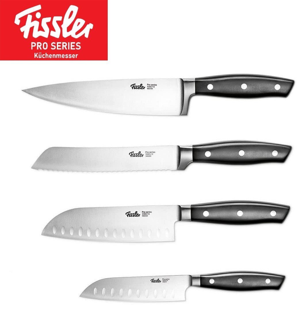 Fissler Messer-Set Profi Santoku Messer 13cm+16cm& Brotmesser 18cm+ Kochmesser 19cm 4 Tlg (rostfrei, vernietete Griffe, Spülmaschinenfest, Gemüsemesser, Messer, 4-tlg., Universalmesser mit Laserschliff, gehärtete Spezialklingen), Kochmesser, Fleischm