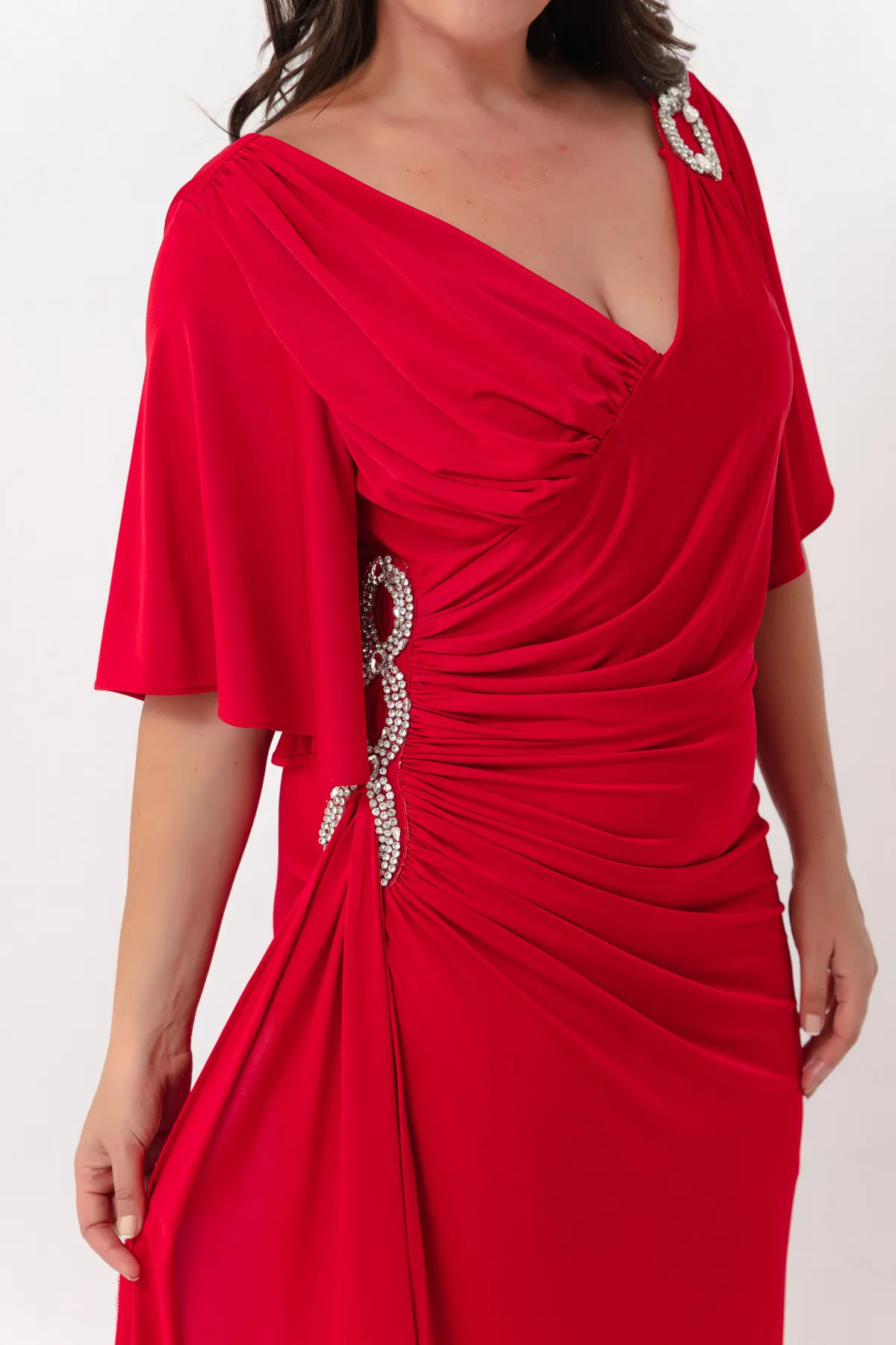 Lafaba  Rotes Abendkleid mit kurzen Ärmeln und Schlitz für Damen in Übergröße