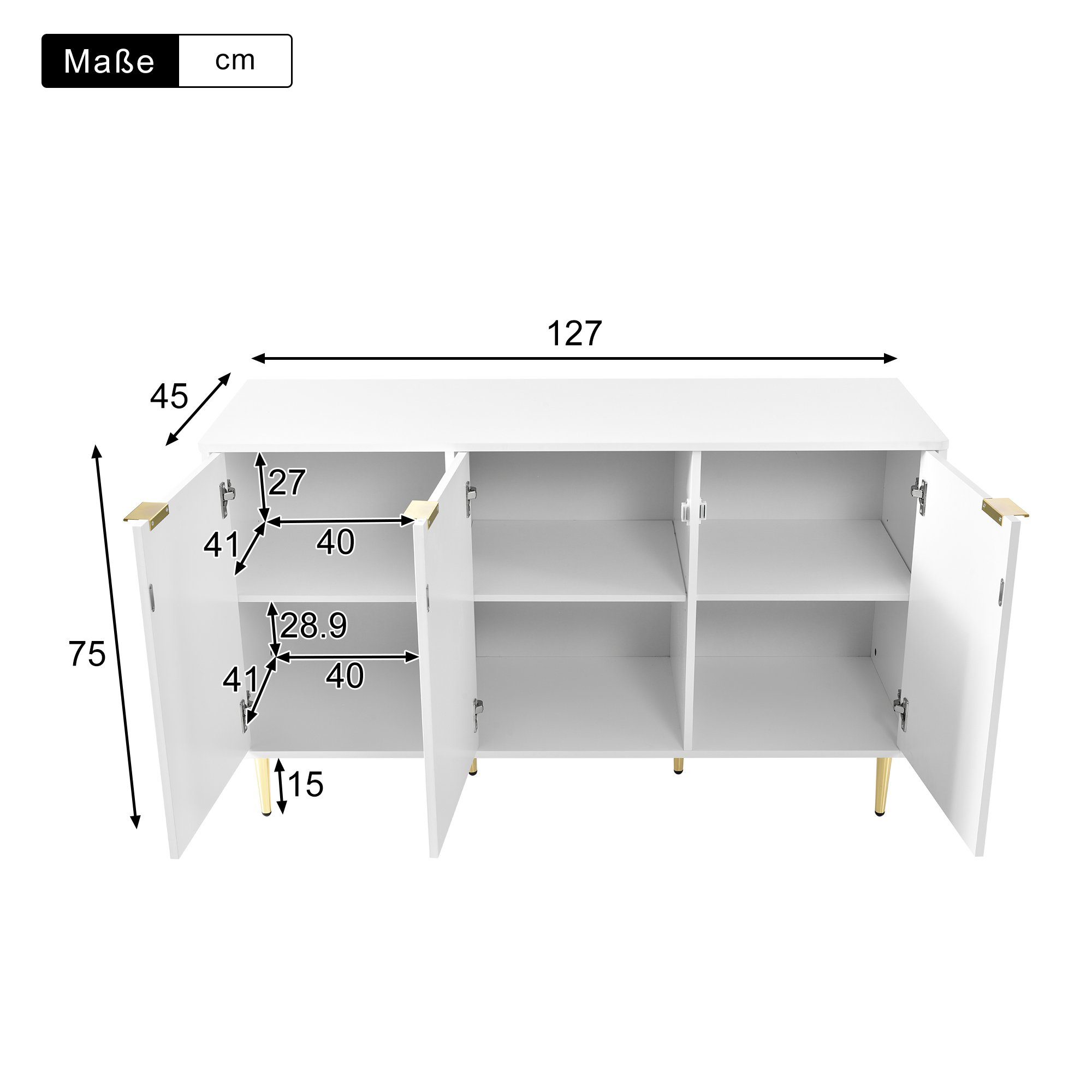 Flieks Kommode, Nachtschrank Sideboard mit 3 Türen und 6 Fächer 127x45x75cm