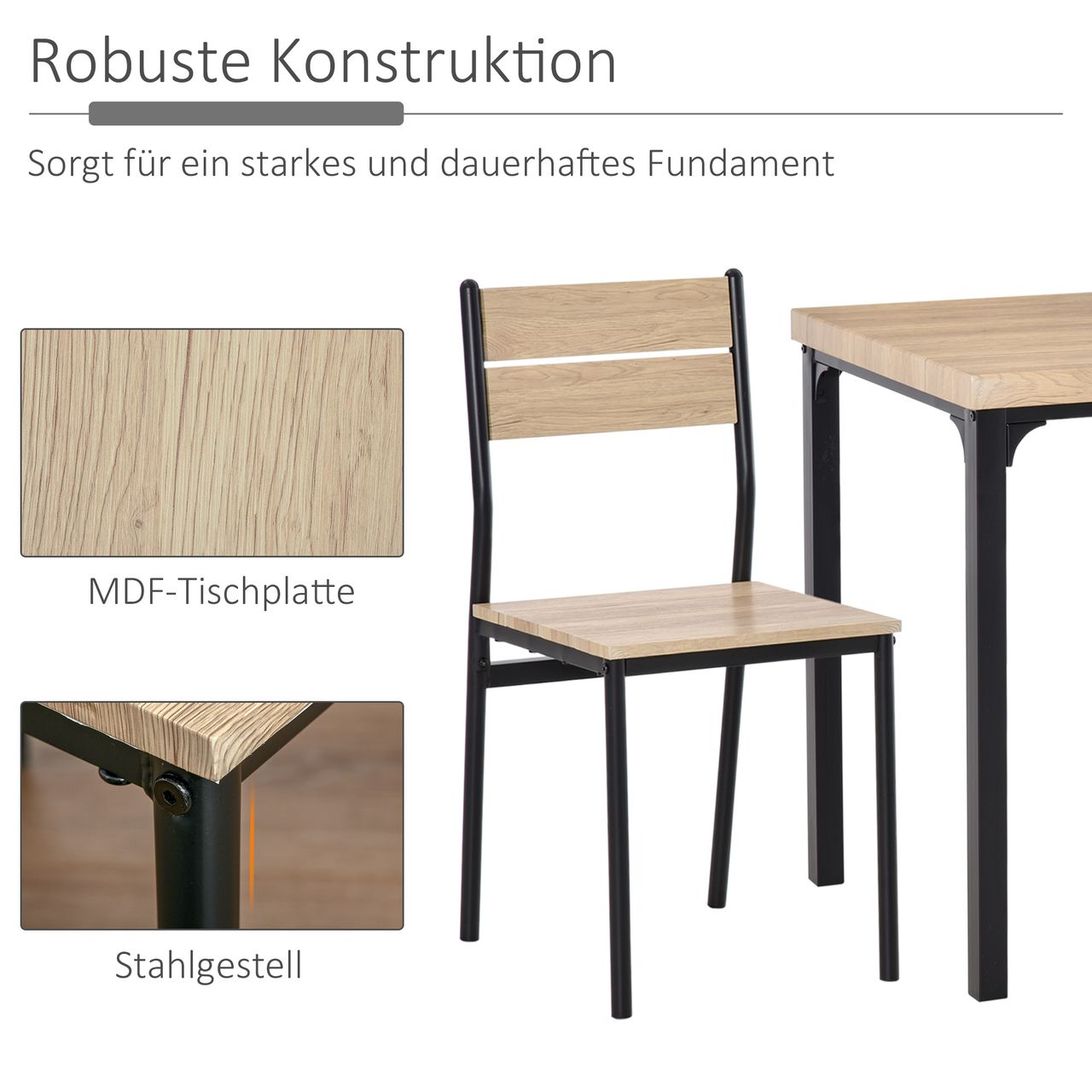 HOMCOM 3-teilige Essgruppe Küchentisch mit Metallgestell Esszimmergruppe Sitzgruppe Esstisch Set Holztisch Naturholzmaserung   Schwarz mit 1 Tisch   2 Stühlen