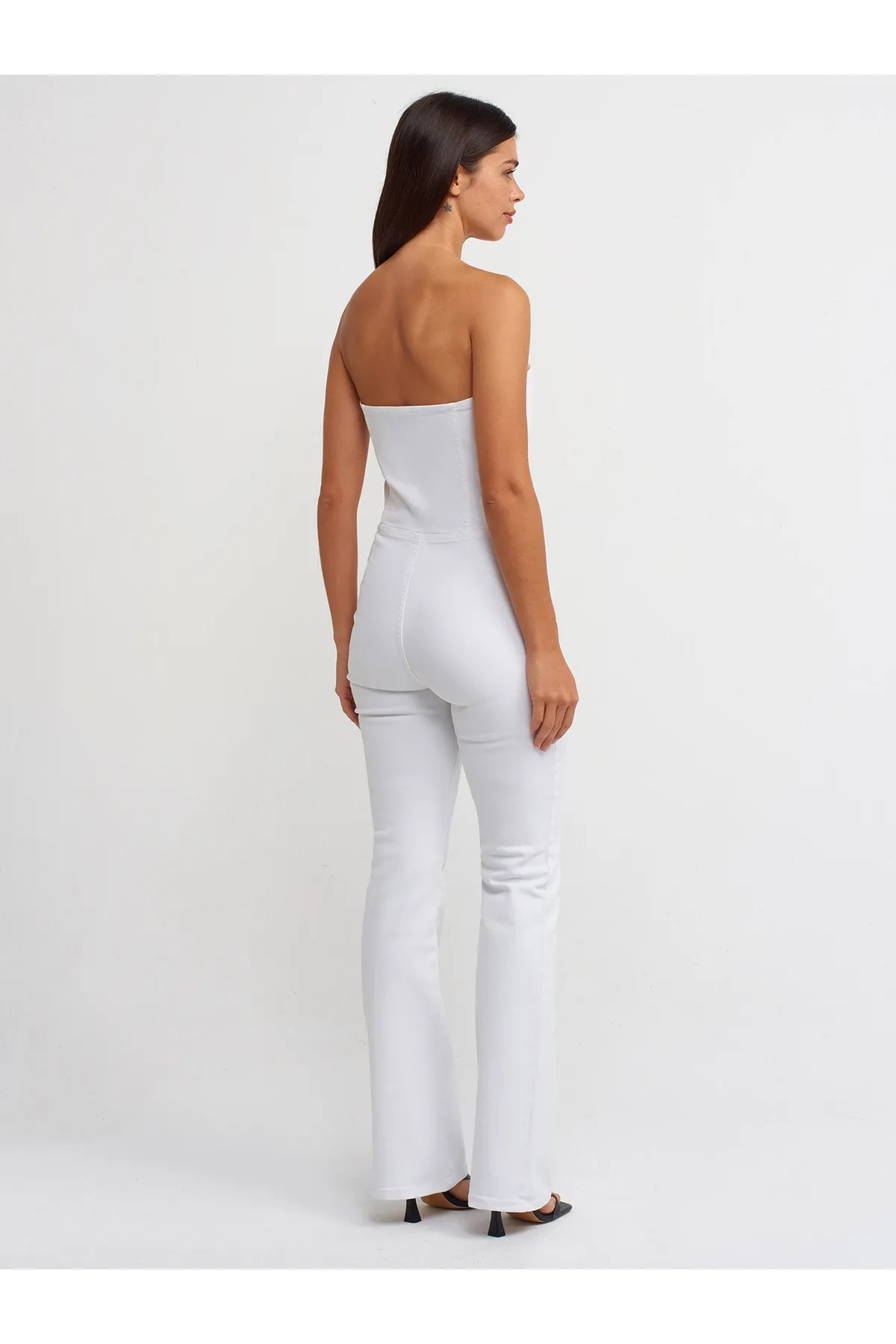 Dilvin  71314 Trägerloser weißer Flare-Denim-Overall – Weiß