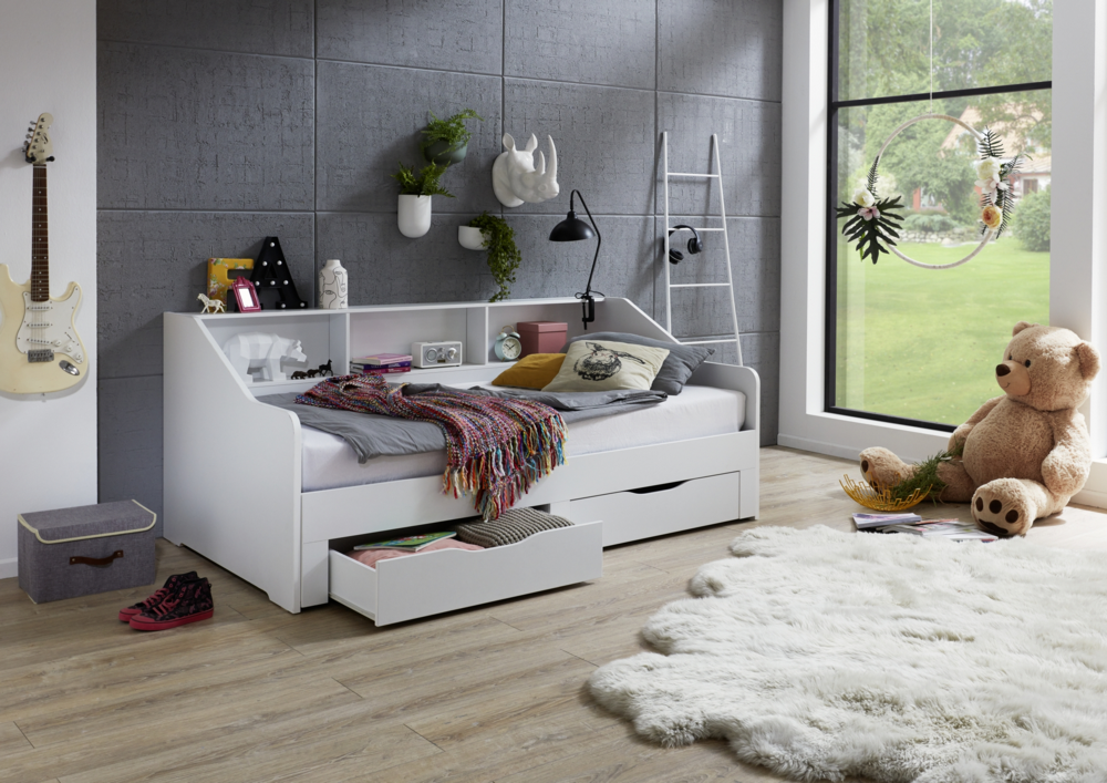 Relita Funktionsbett RENE von 90 auf 180 x 200 cm ausziehbar, mit 2 Schubladen & Regal, weiß