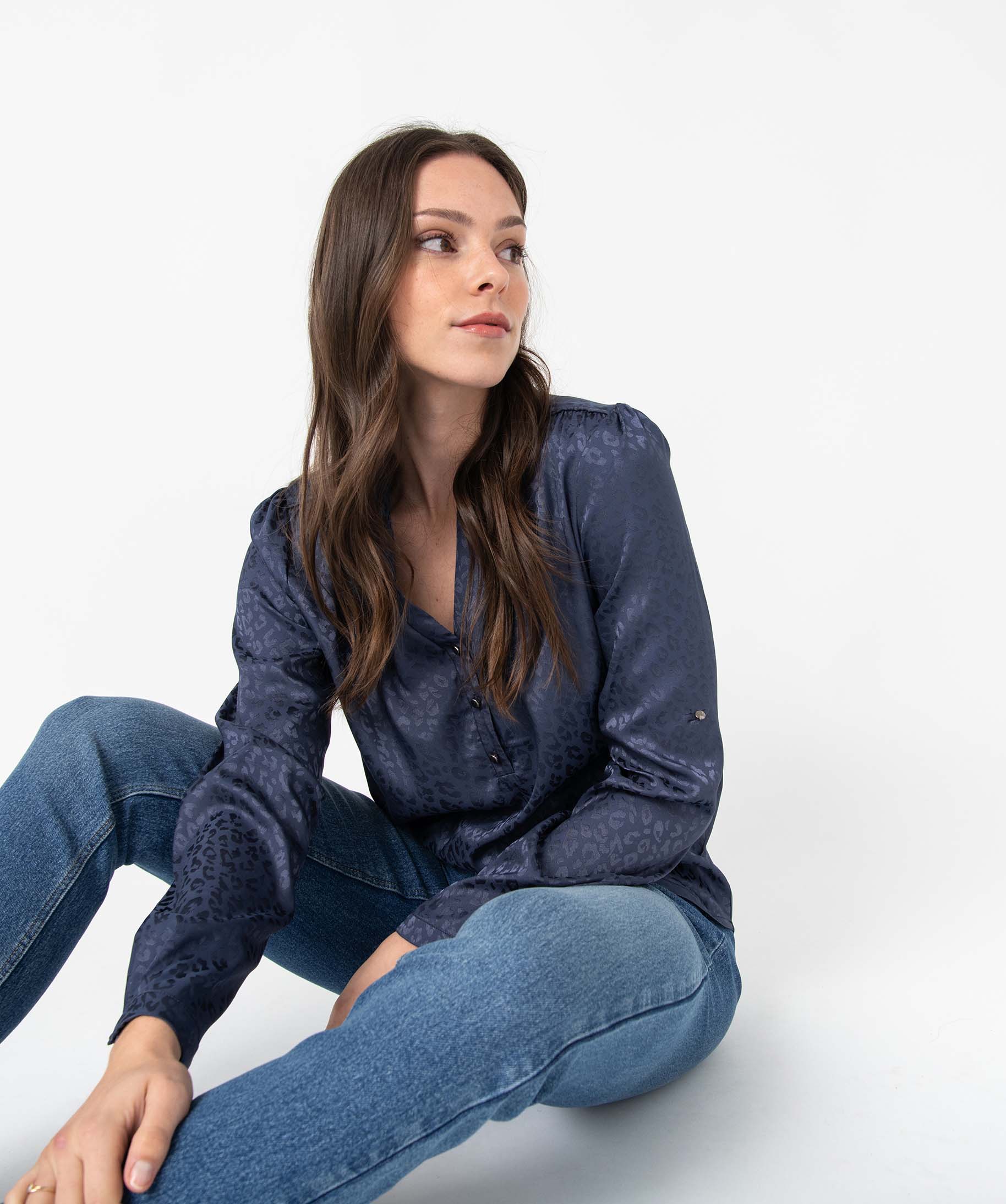 Blouse femme satinée avec manches retroussables bleu | GEMO