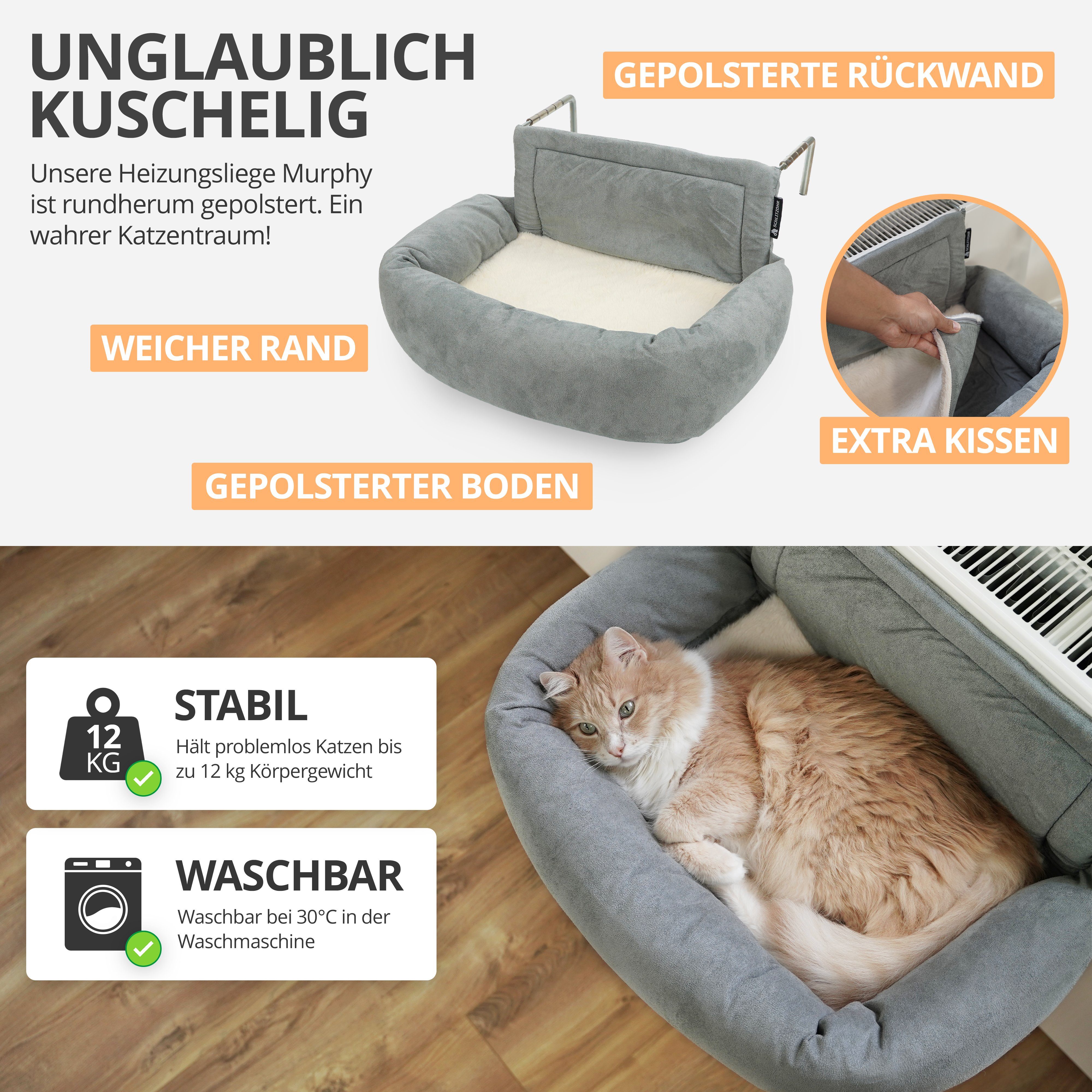 SCHLITZOHR Katzen-Hängematte Murphy, Mikrofaser, Heizungsliege, passt an ALLE Heizungen, stabil, waschbar, extra Kissen