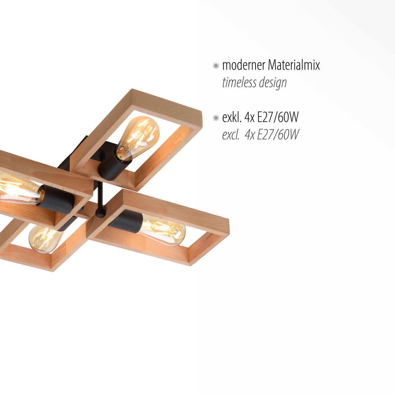 JUST LIGHT LeuchtenDirekt Deckenleuchte FRAME, 4xE27/max. 60W, Innenleuchte, IP20, Metall und Holz