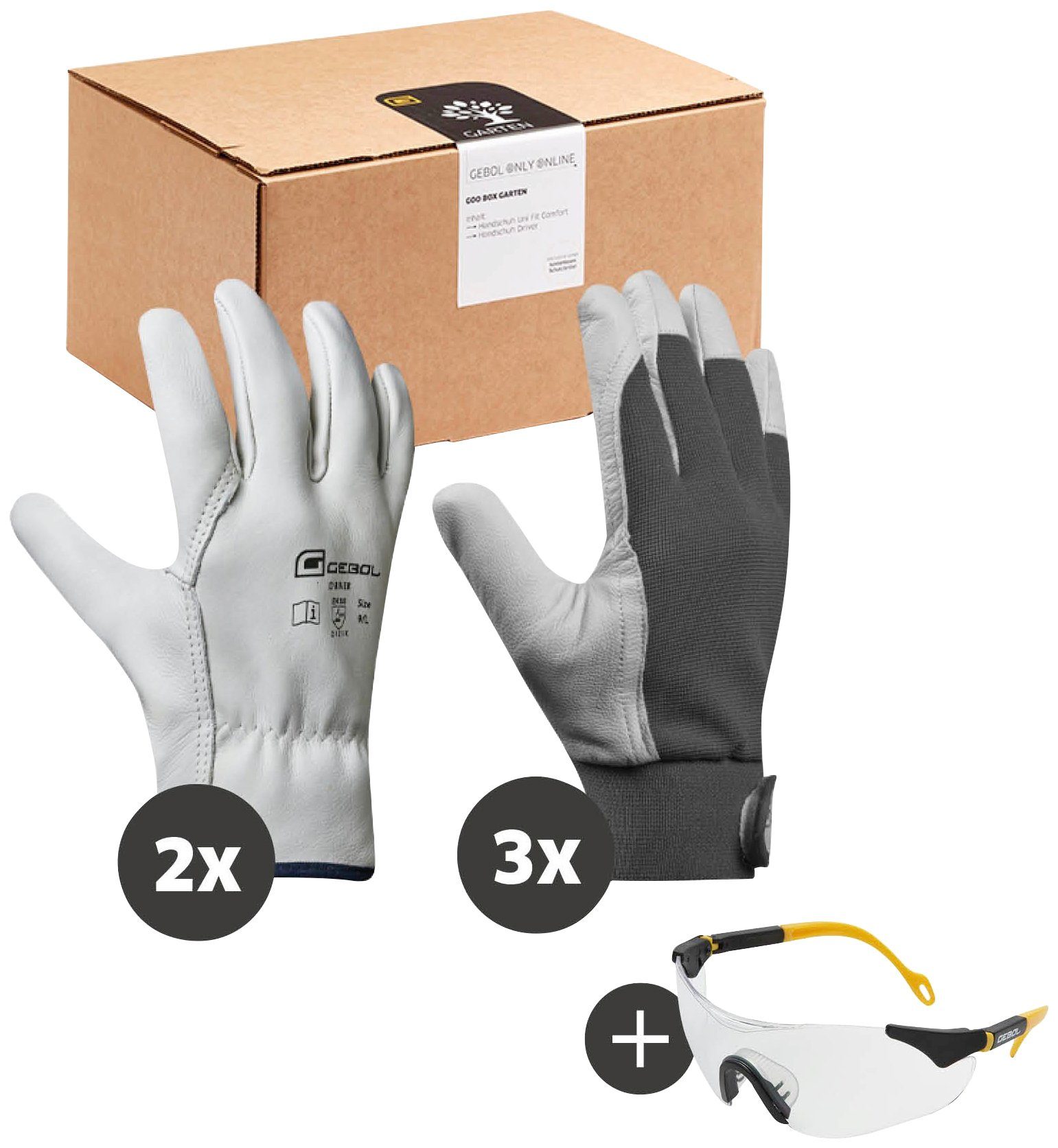 Gebol Leder-Arbeitshandschuhe Garten (Set) 5 Paar hochwertige Arbeitshandschuhe und 1 Schutzbrille
