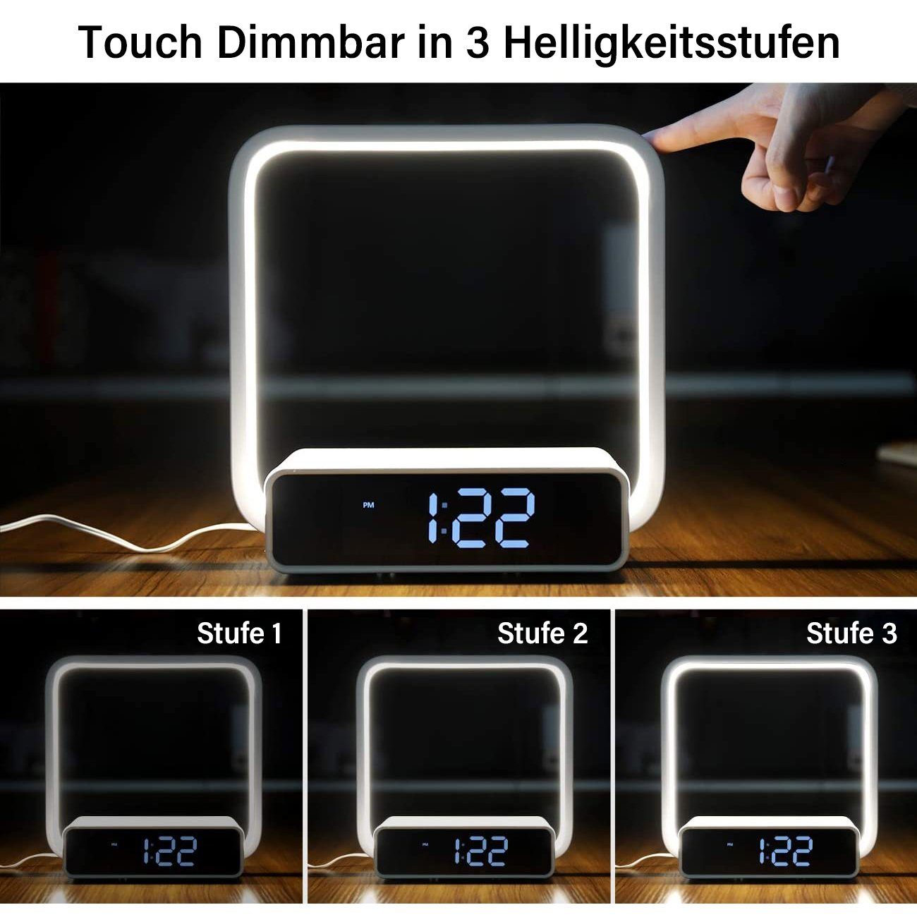 WILIT LED Nachttischlampe Tischleuchte Schlafzimmer Touch Tischlampe mit Ladefunktion Handy, LED fest integriert, Qi Ladefunktion, 3 Helligkeitsstufen, Wecker, Dimmbarer Display