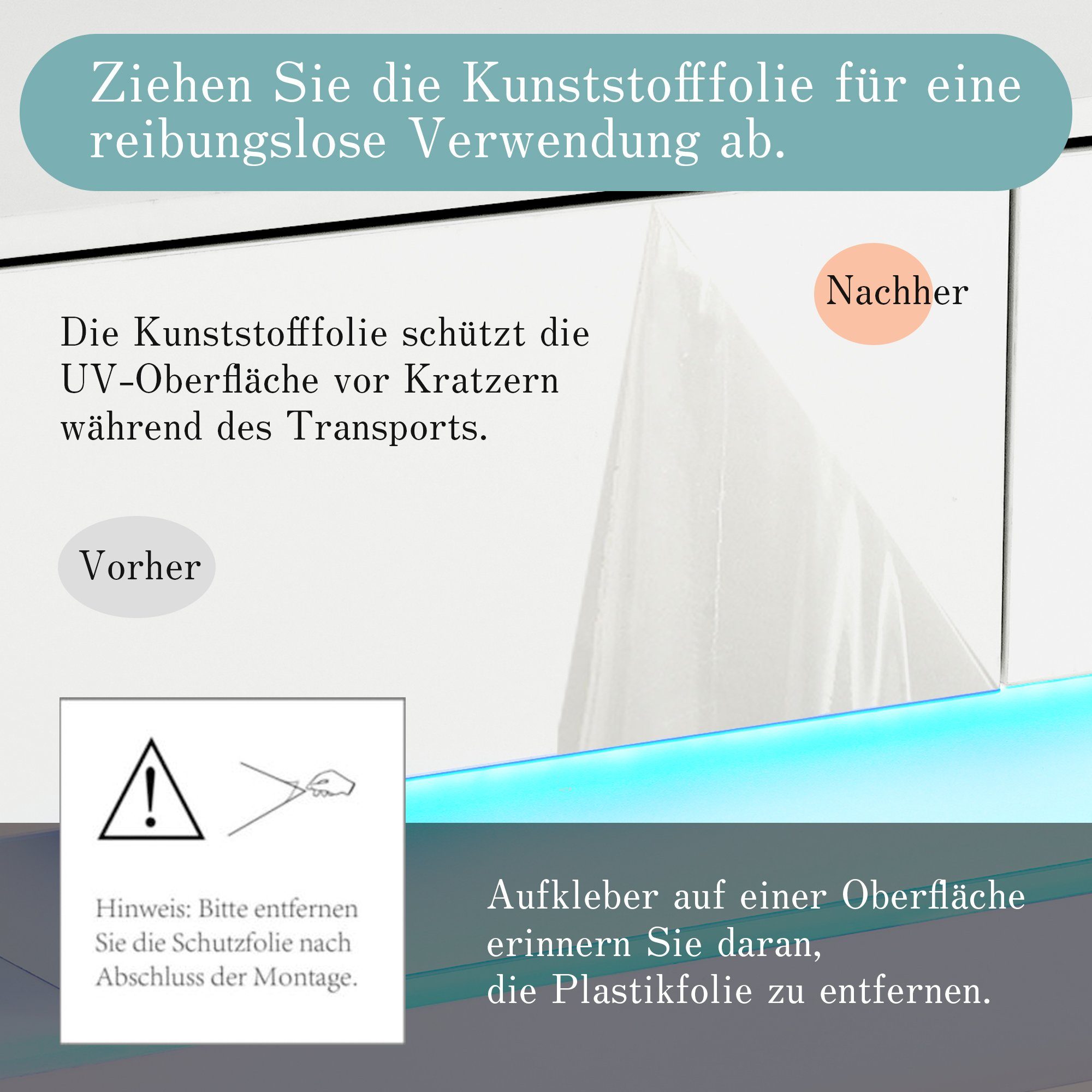 Merax Lowboard mit Glasablagen und LED-Beleuchtung, TV-Schrank hochglanz mit Klapptüren, Fernsehtisch, TV-Board, Breite:140cm