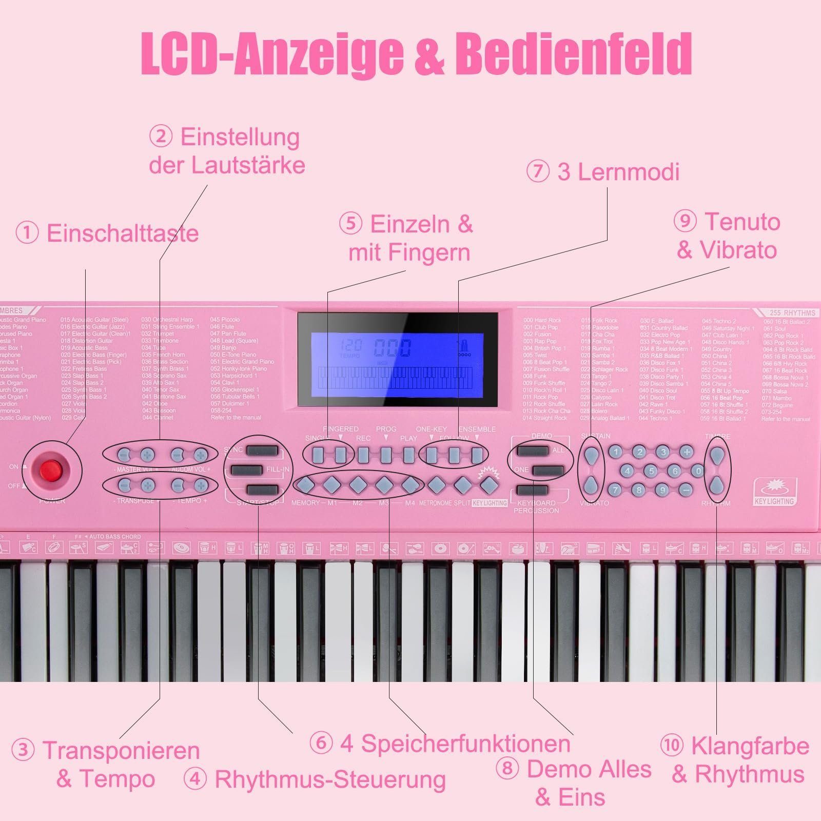 COSTWAY Home Keyboard, 61 Tastatur, mit 255 Rhythmen & Töne