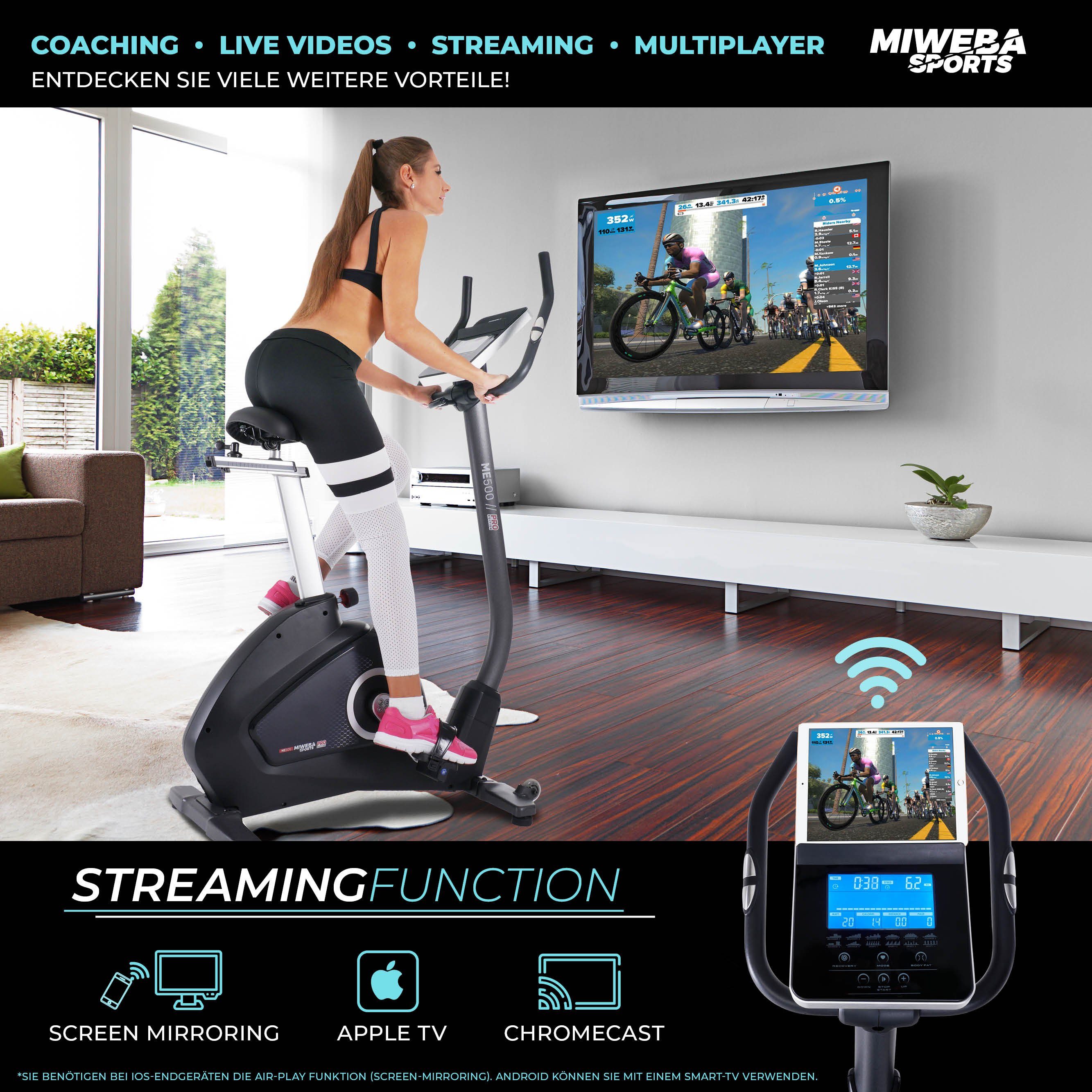 Miweba Sports Ergometer Profi Indoor Cycle ME500 - 14 Kg Schwungmasse (35 Trainingsprogramme, 32 Intensitätsstufen, 150 Kg. max Belastbarkeit, Cardio, Fahrrad Heimtrainer, Fitnessbike, Indoor Cycling, Fahrradtrainer, Bluetooth, LCD Display, Magnetbre