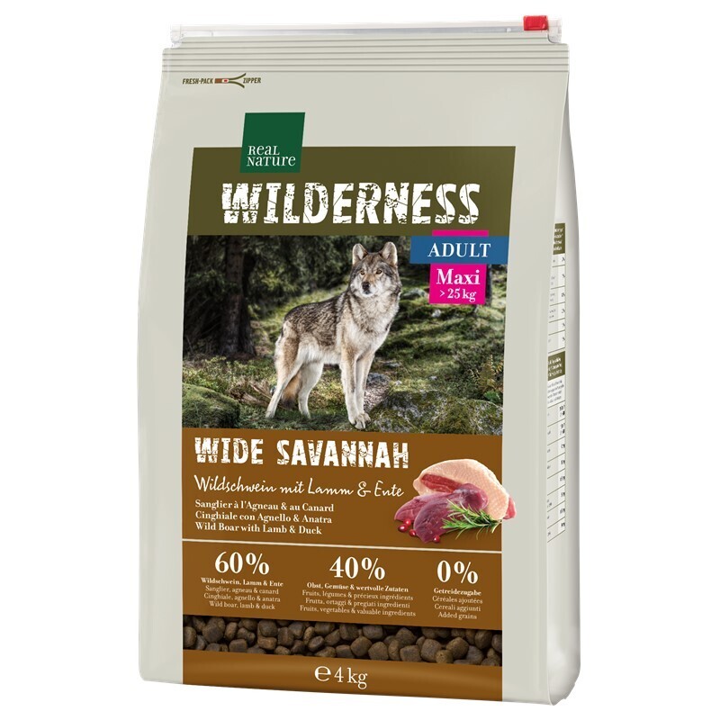 REAL NATURE Hundetrockenfutter REAL NATURE WILDERNESS Maxi Adult Wide Savannah mit Wildschwein, Lamm & Ente 4 kg