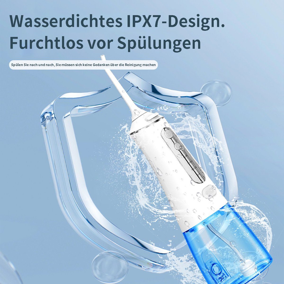 flowgoer Reise-Munddusche Elektrische Munddusche, 4 Modi, IPX7-zertifiziert, Tiefenreinigung, Inklusive 6 Düsen, gründliche Reinigung und Zahnsteinentfernung