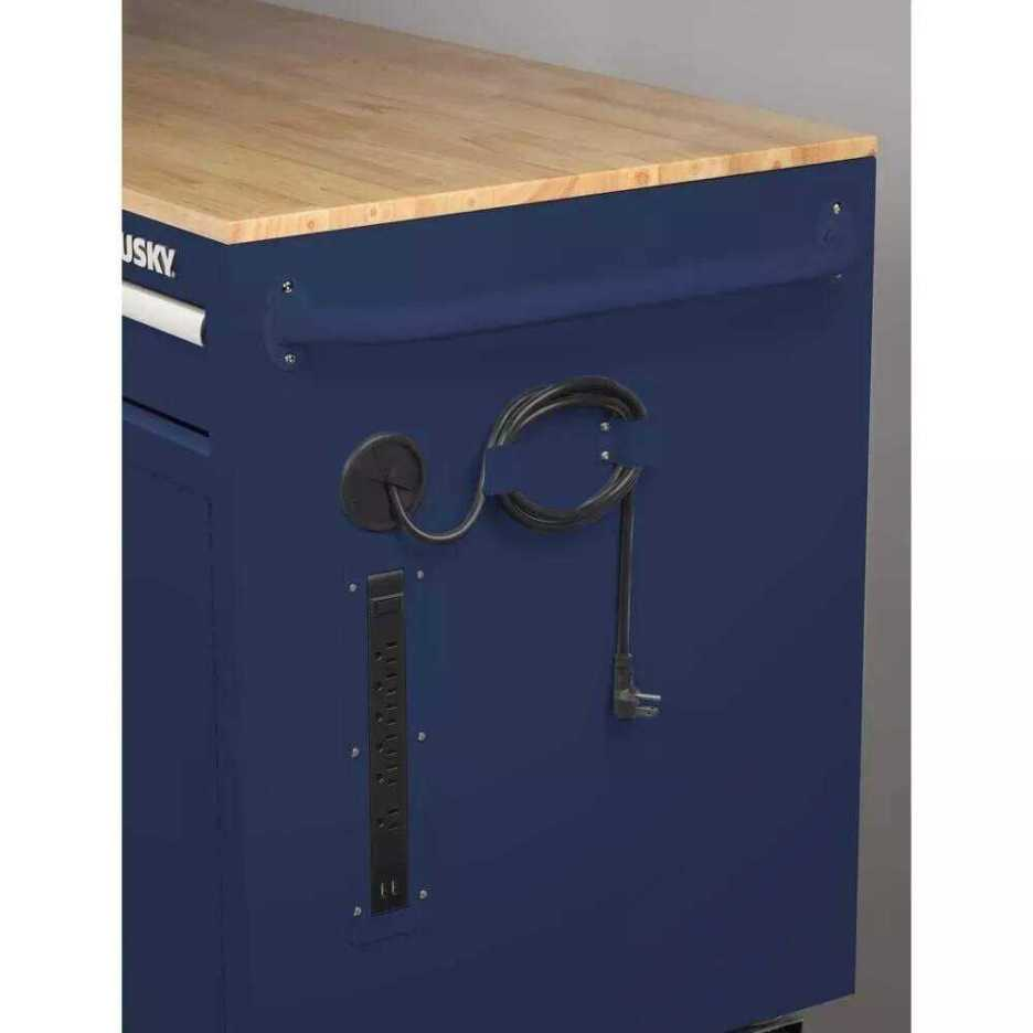 56 inches. W 5 Drawer 1 Door Deep Tool Box Mobile Workbench, Bright Blue, Hardwood Top