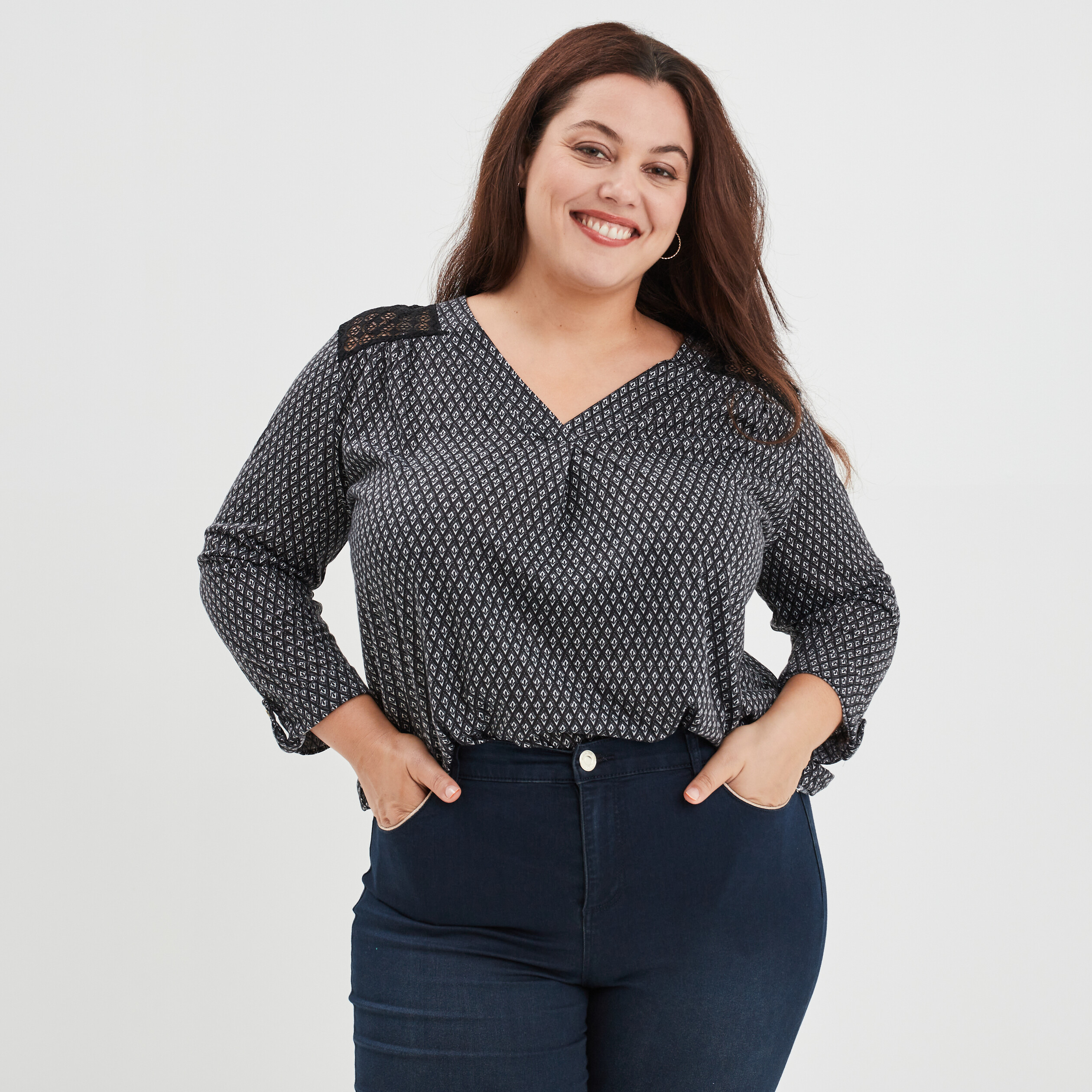 Blouse manches 3 4 épaules dentelles noir femme grande taille | La Halle