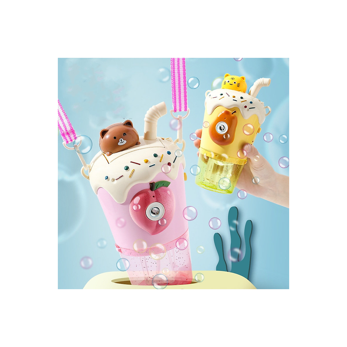Milchteetasse Kinderblasenmaschine Kinderspielzeug im Freien Beleuchtung, Musik, automatische Seifenblasenpistole, Outdoor-Spielzeug für Kinder