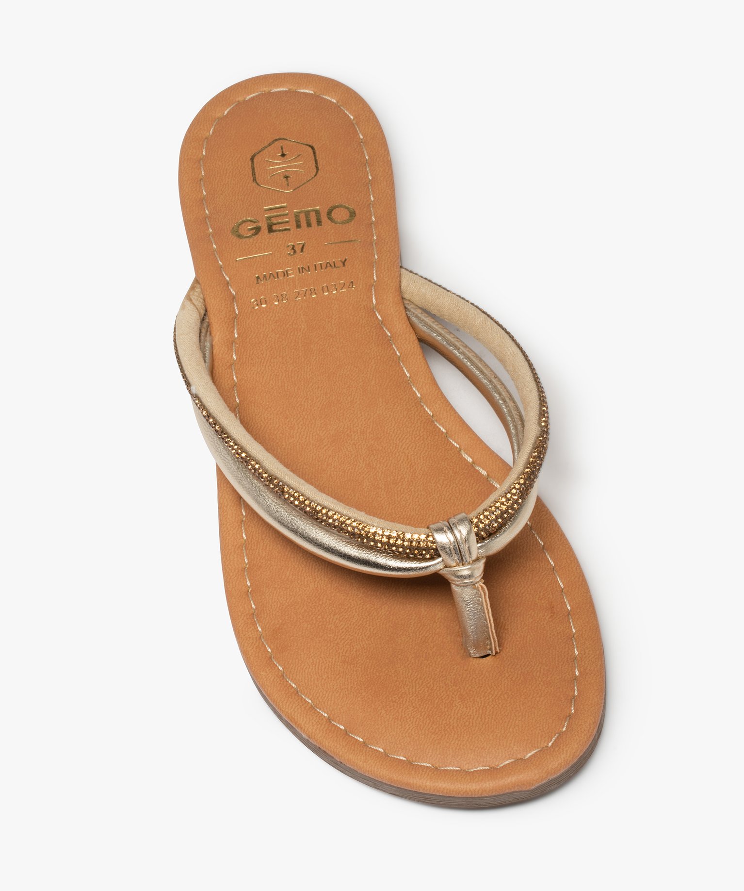Tongs femme à talon plat et brides strass or | GEMO