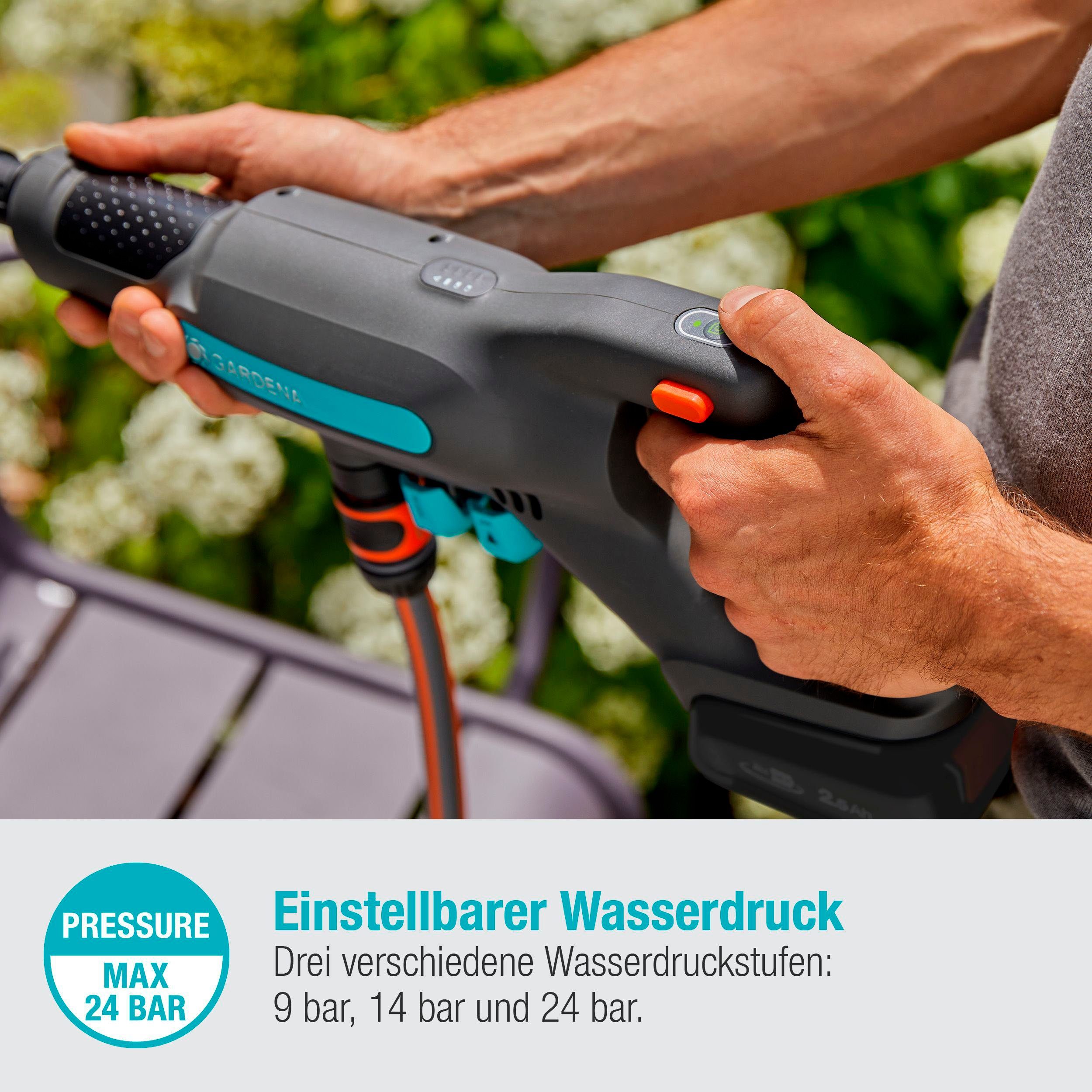 GARDENA Akku-Mitteldruckreiniger AquaClean 24/18V P4A solo, Druck max: 24 bar, Fördermenge max: 250 l/h, (3 tlg), ohne Akku und Ladegerät