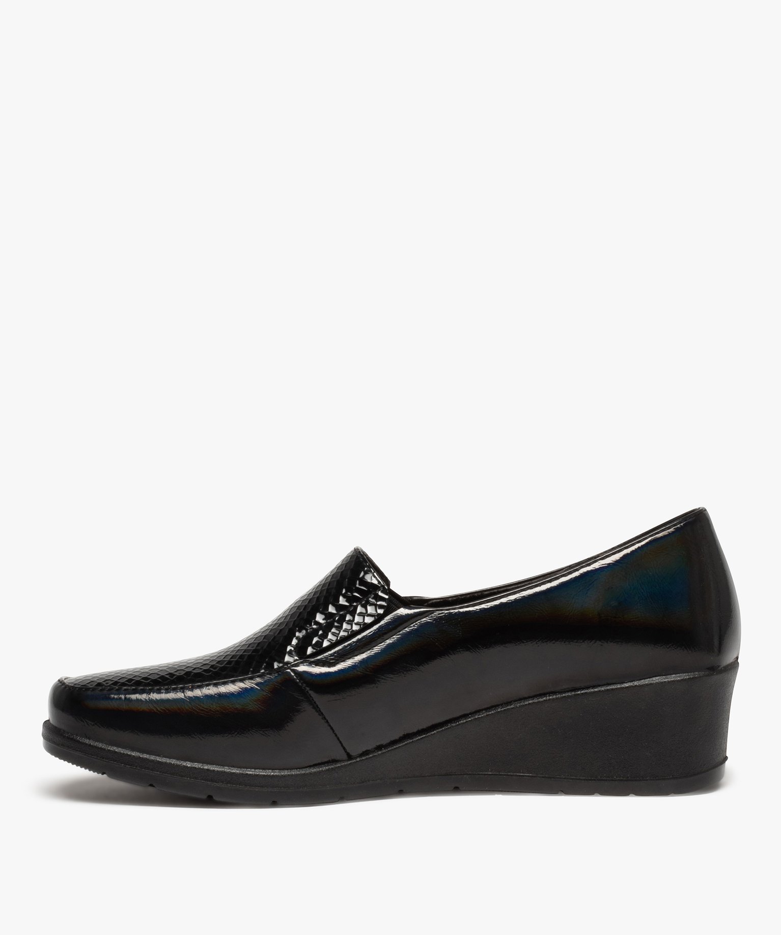 Mocassins femme confort et dessus vernis uni à talon compensé noir | GEMO
