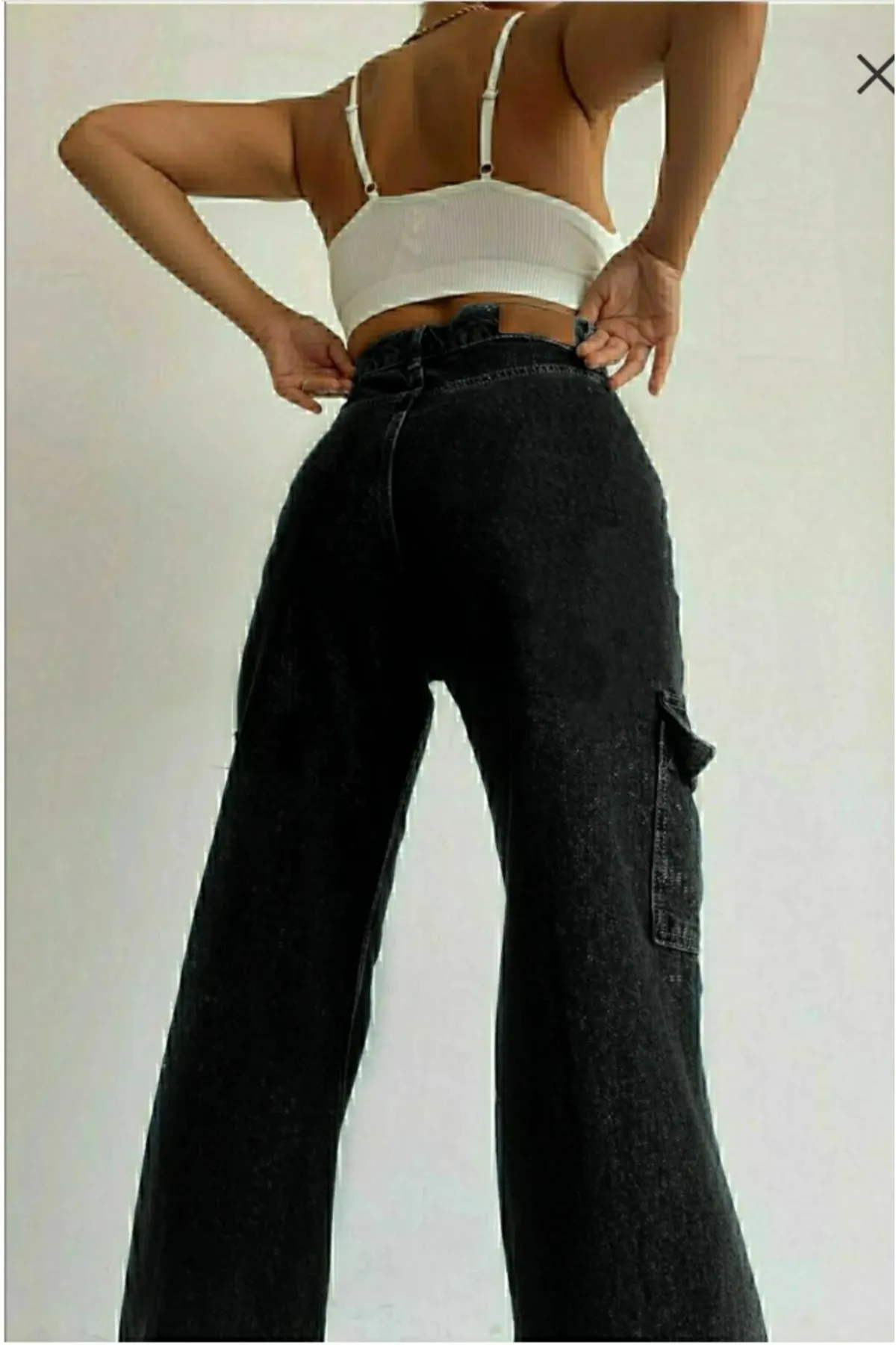 Trn JNS  Dora Damen-Palazzo-Jeans mit extra hoher Taille und Cargotasche in Schwarz ohne Gesäßtasche