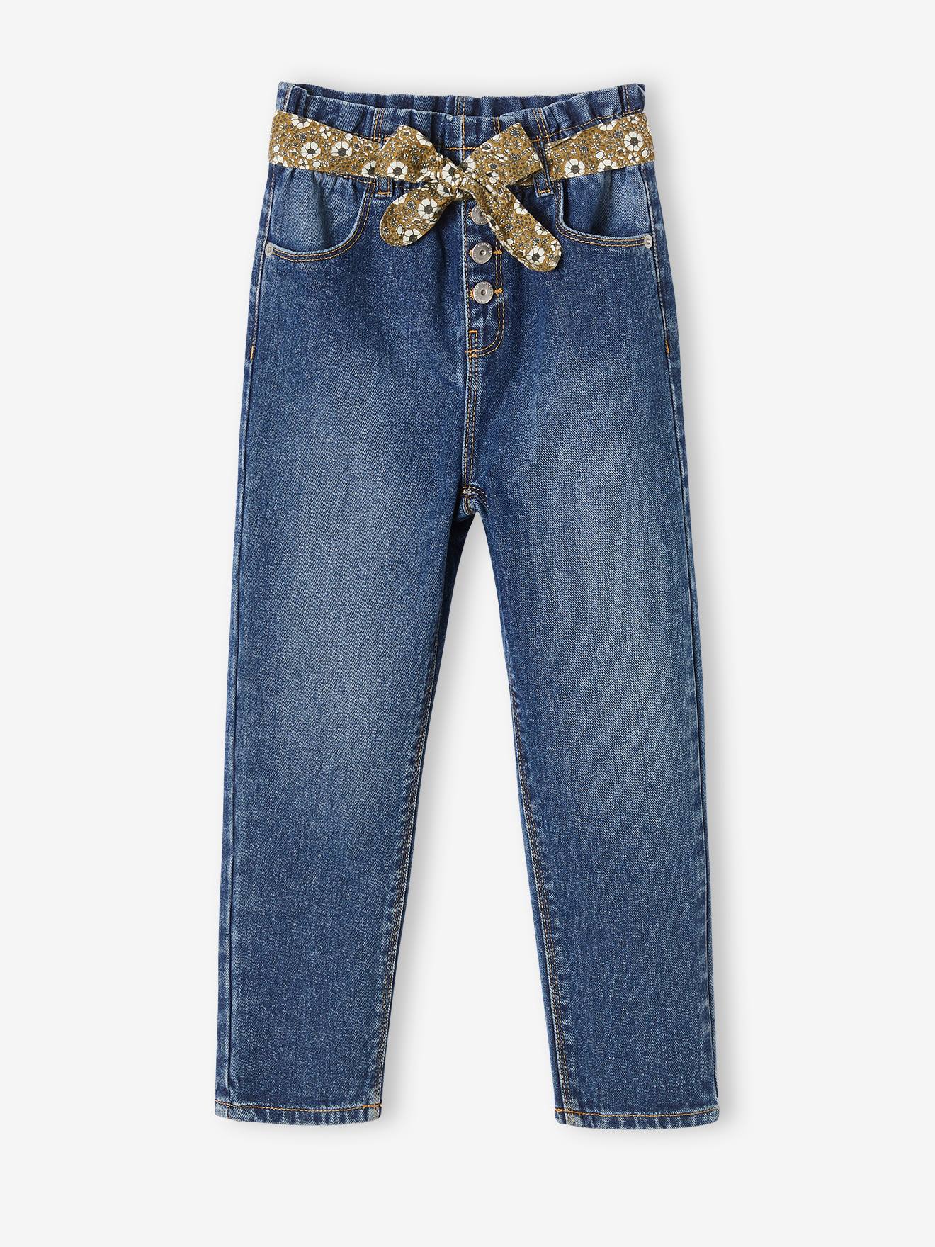 Vertbaudet Mädchen Paperbag-Jeans mit Blumen-Gürtel - grauer denim