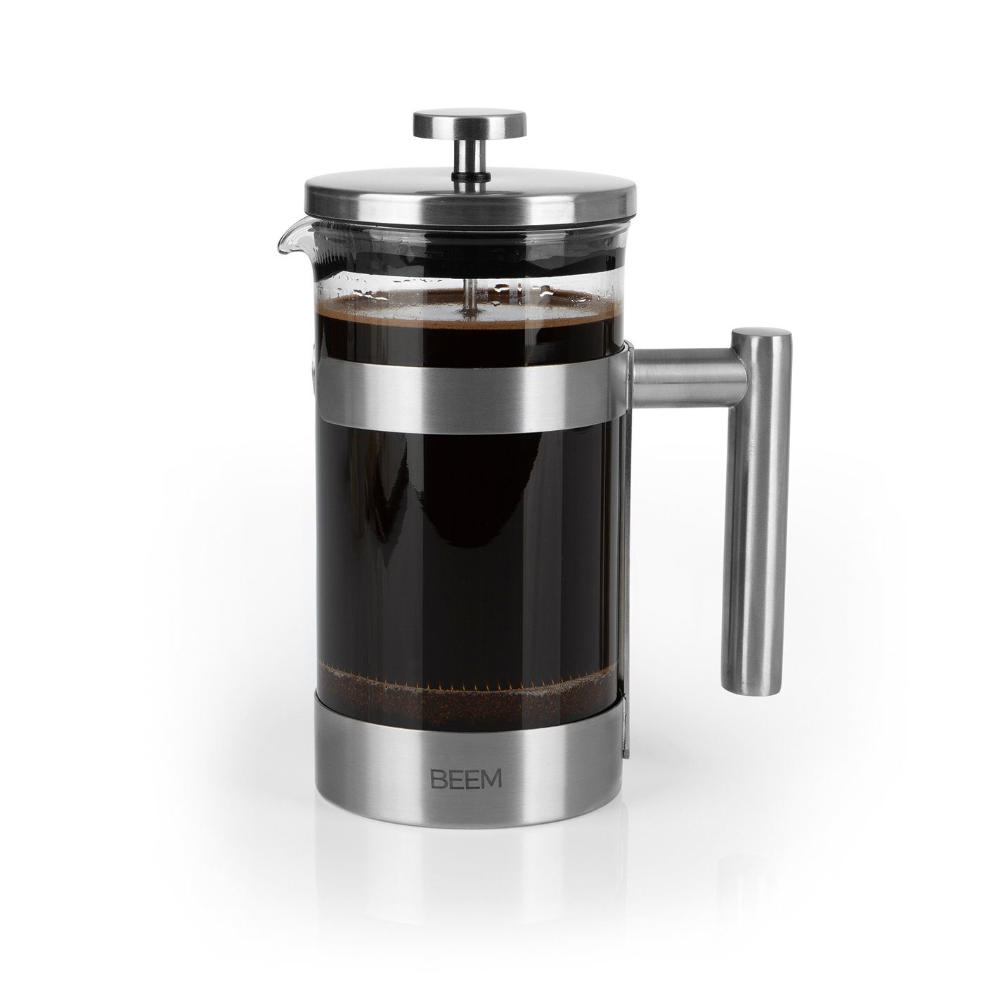BEEM Kaffeebereiter French Press Kaffeepresse, 1l Kaffeekanne, Camping, Outdoor, Glas & Edelstahl, hitzebeständige Borosilitglas