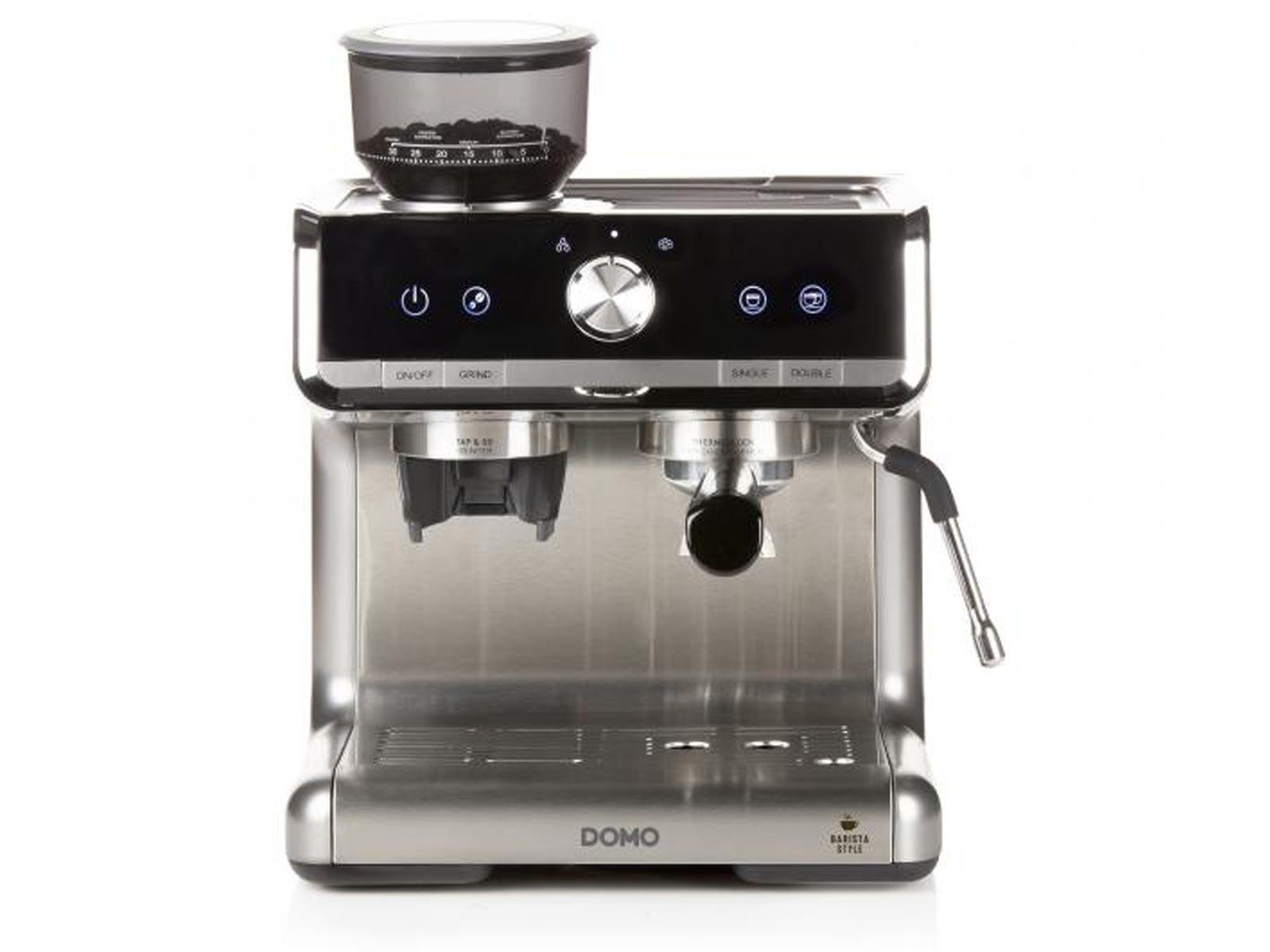 Domo Espressomaschine, Metallfilter, Siebträgermaschine mit Mahlwerk Milchschäumer & abnehmbaren Wassertank