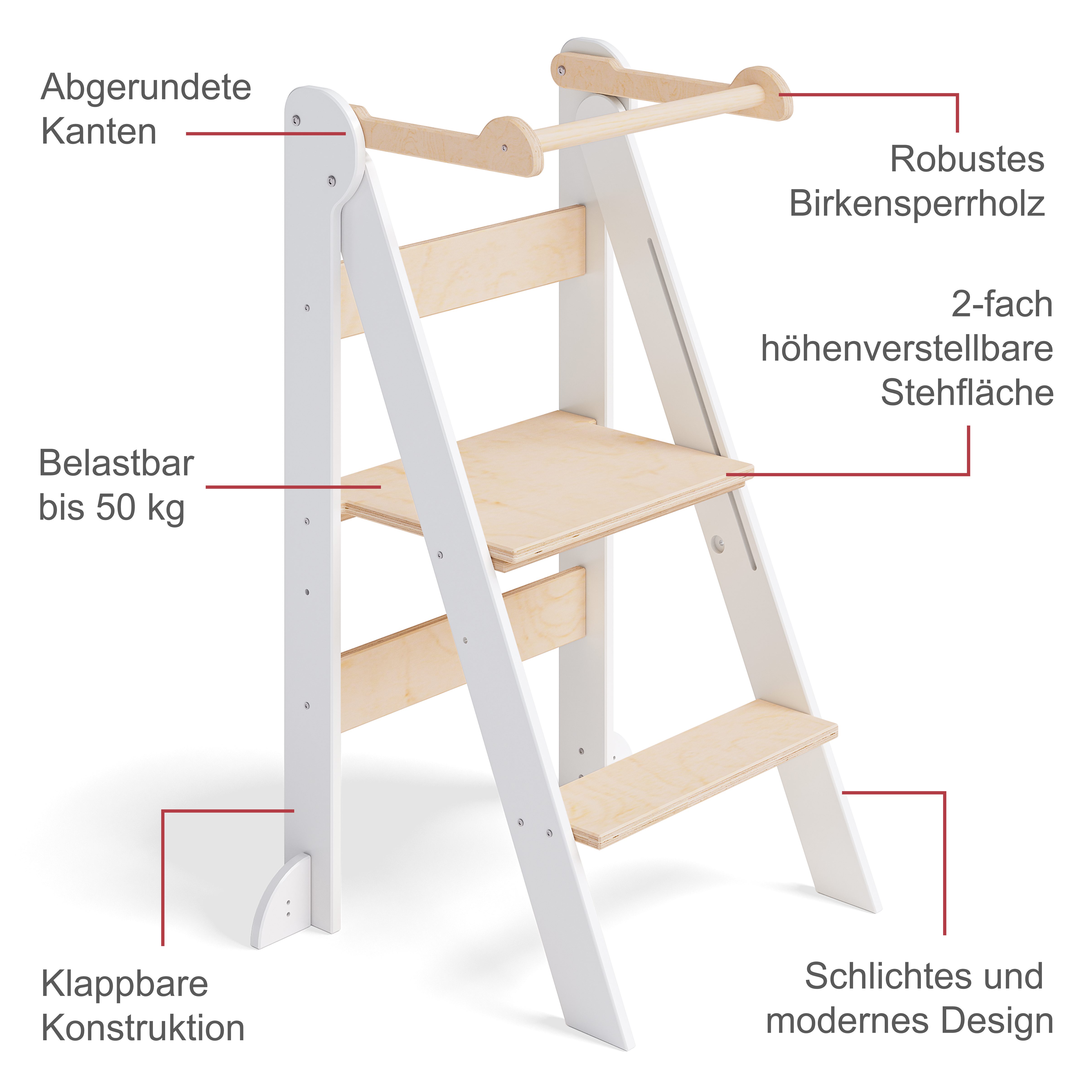 Bellabino Stehhilfe Tay (Lernturm), zusammenklappbar, 2-fach höhenverstellbar, weiß/natur