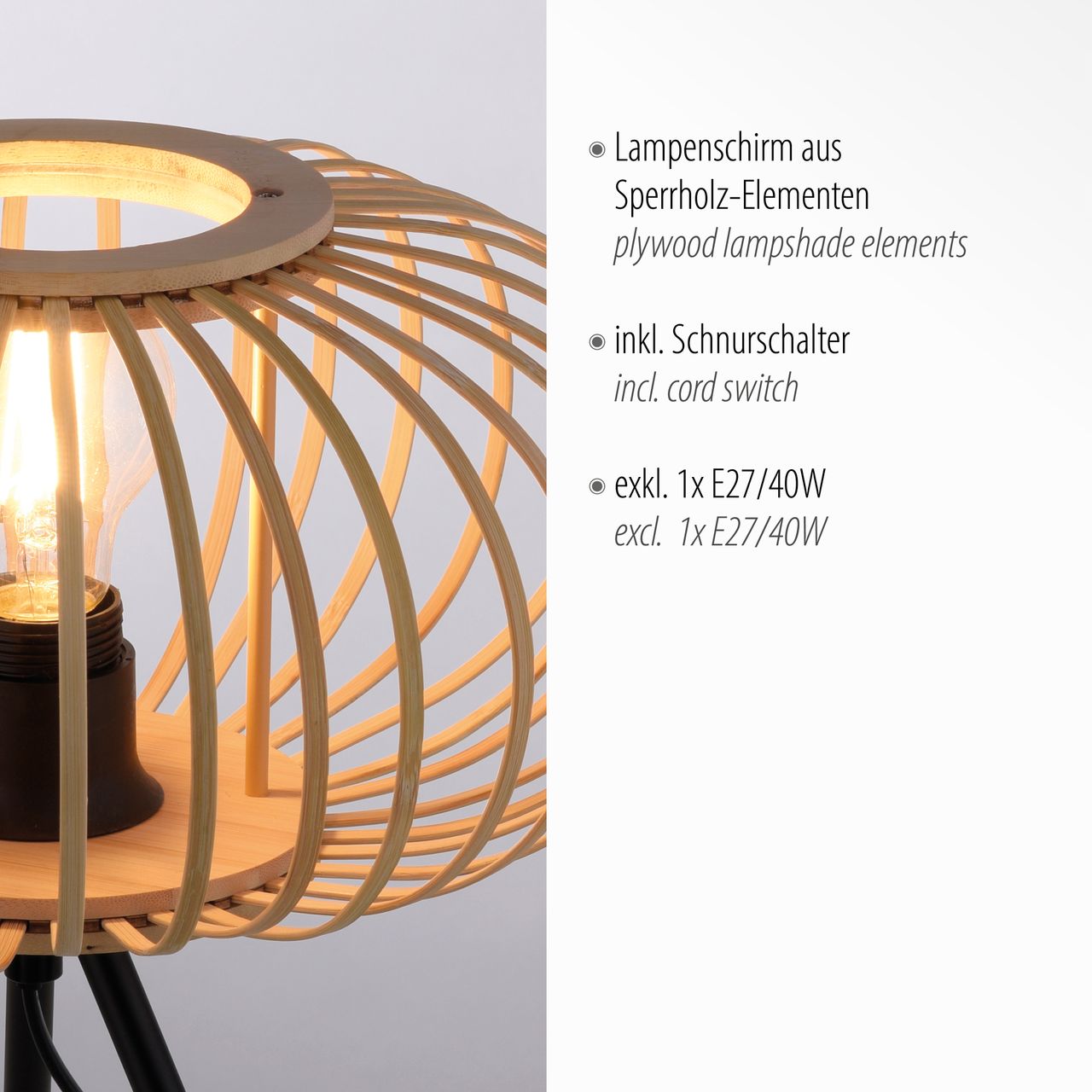 JUST LIGHT LeuchtenDirekt Tischleuchte RACOON, 1-flammig, E27, Dreibein-Stativ, Bambus-Schirm, Ø32cm, Holz-natur, IP20