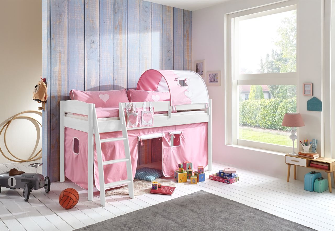 Relita Halbhohes Bett MICHELLE 90x200 cm Buche massiv weiß lackiert, mit Textilset Vorhang, 1-Tunnel, Tasche rosa/weiß/herz