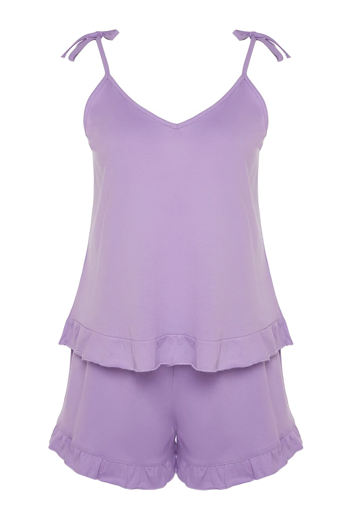 Trendyol Curve  Lila Pyjama-Set mit Riemchen und Rüschendetail TBBSS22PT0564