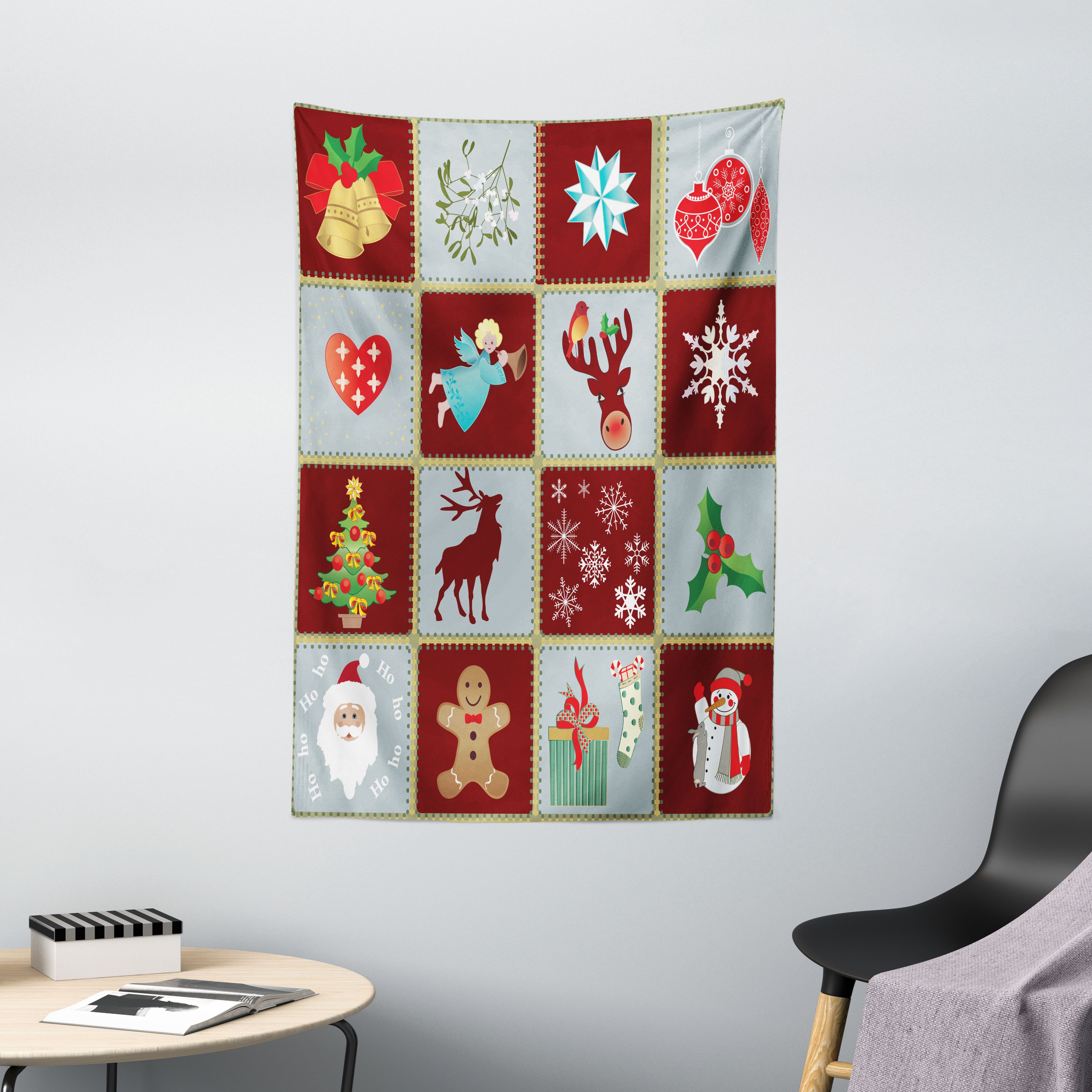 Wandteppich Wohnzimmer Schlafzimmer Wandtuch Seidiges Satin Wandteppich, Abakuhaus, rechteckig, Engel Xmas Tree Rentiere