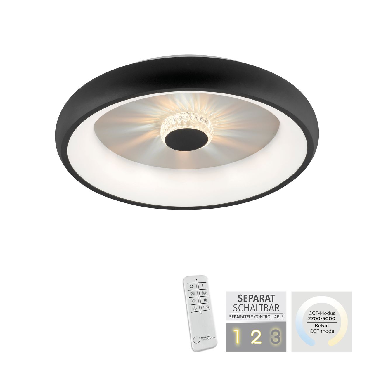 JUST LIGHT LED Deckenleuchte VERTIGO, CCT, dimmbar, Fernbedienung, Ø46,5 cm, Kristall-Effekt