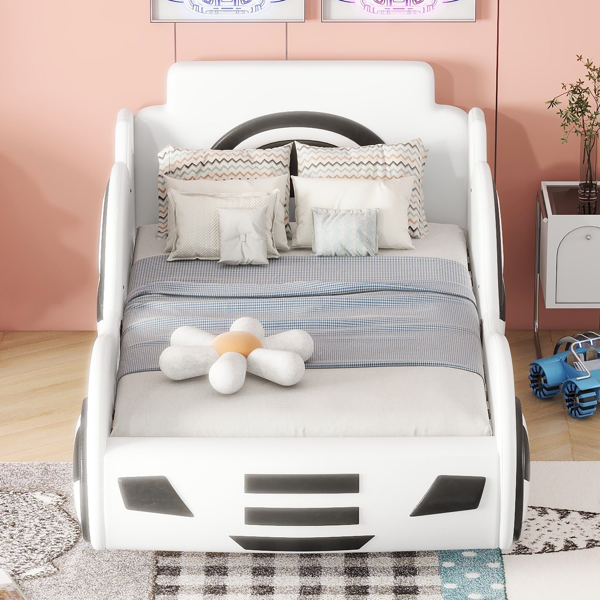 OKWISH Kinderbett Flachbett, Modell Autobett, Autobett, Gästebett (90x200cm, mit Unterbettstauraum), ohne Matratze